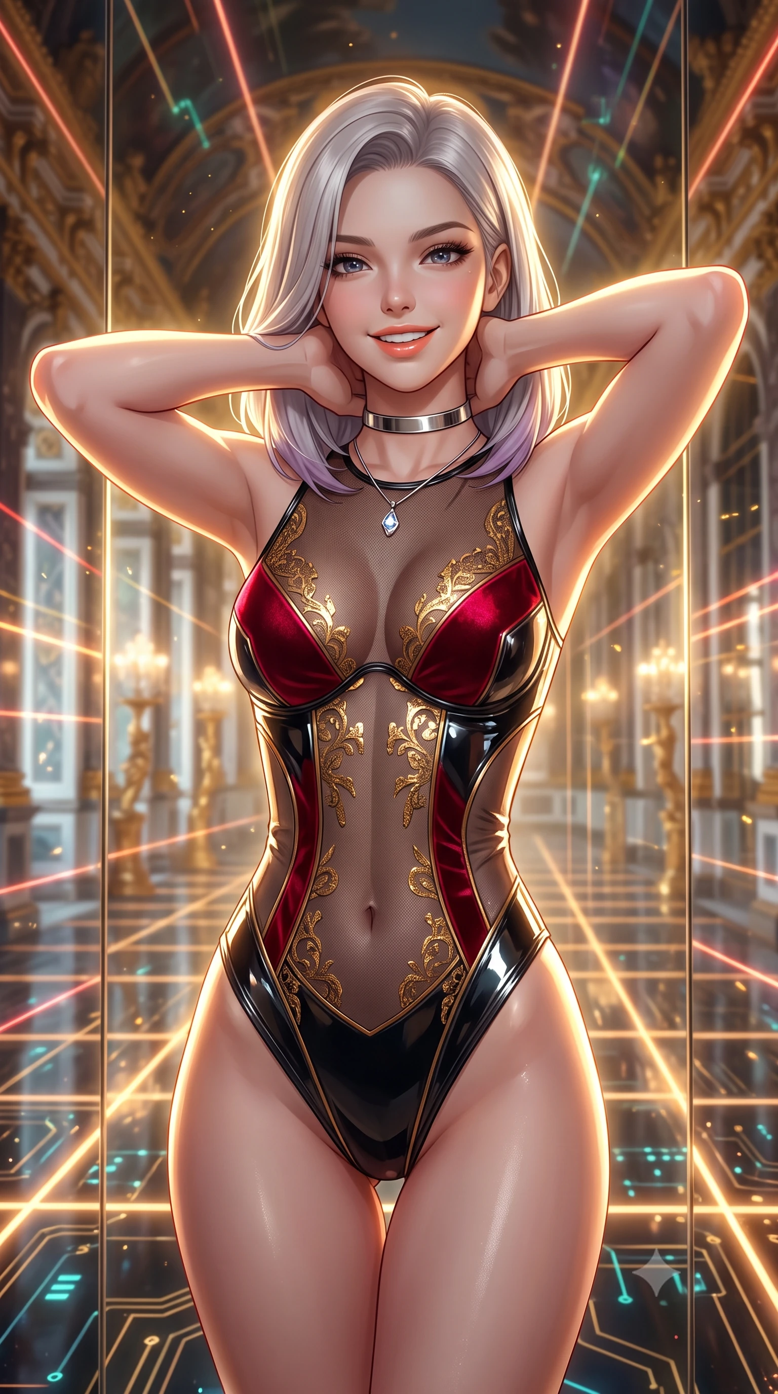 score_9, masterpiece, best quality, ultra-detailed, high-budget anime keyframe, semi-realistic 3D game render, editorial fashion photography, tasteful artistic composition, Caucasian woman. close-up cowboy shot from the waist and thighs up, the character dominates the composition, filling the frame with her large presence. resting both hands lightly behind her neck with elbows raised, arching her spine to highlight her narrow waist, flat midriff, and breathtaking collarbones while standing poised in the infinite smart-mirror gallery reflecting endless recursive laser corridors, arching her spine with breathtaking anime heroine allure. The background shows a soft-focus golden hour dust motes softened in cybernetic Versailles mirror hall shallow focus. She has an exceptionally elegant, slender, and willowy female figure with an ultra-slim waist, flat toned midriff, narrow ribcage, and sculpted feminine hips creating an alluring, slim hourglass silhouette without bulk. sharp v-shaped jawline, high-bridge nose, intricate jewel-like sparkling eyes with depth, thick eyelashes, glossy parted lips with a natural peach sheen, bright cheerful beaming smile with an enchanting and coquettish sensual glint, exuding both youthful cute charm and seductive allure, flawlessly proportioned anatomical accuracy, strict slender model proportions, natural body alignment, perfectly sculpted long slender limbs, ultra-slim waistline, clean dynamic posture without body distortion. wearing a provocative sheer-illusion cyber-mesh bodysuit with strategic metallic foil flocking and high-cut leg openings in Cyber-Baroque gilded gold and royal crimson velvet, tailored from high-gloss patent leather with mirror-like specular highlights, finished with a minimalist chrome choker and a single teardrop diamond pendant, the second-skin tailored fabric adhering flawlessly to her sculpted flat midriff and slender torso, emphasizing her long leg lines and perfectly proportioned willowy build. illuminated by mirror reflection bounce and sharp sunburst-gold rim lights defining her jawline, narrow waist, and curvy hips. highly saturated vibrant anime colors, detailed shading with soft gradients, rich glossy textures, high-contrast stereoscopic depth, volumetric dynamic lighting, master piece, 9:16 ratio