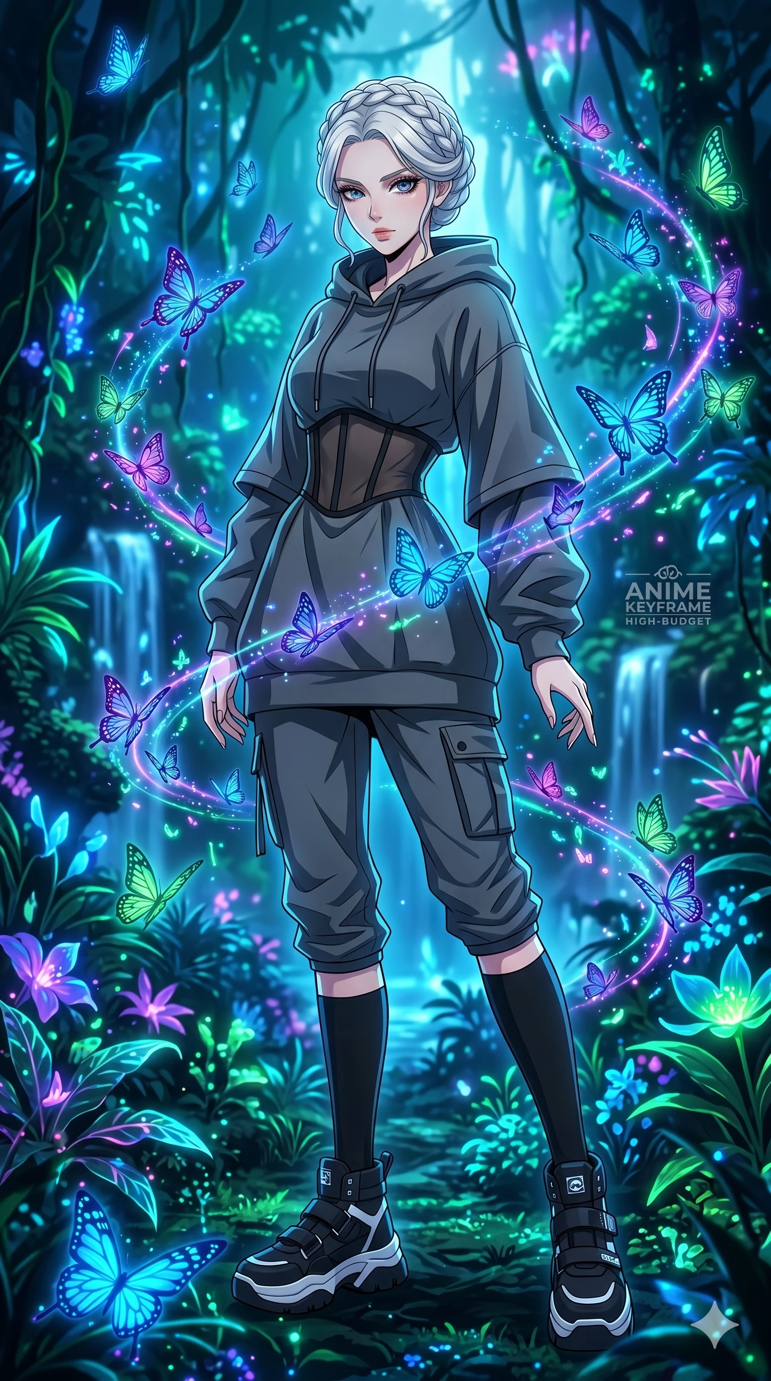 score_9, masterpiece, best quality, ultra-detailed, High-budget Anime Keyframe, vibrant colors, fluid line-art, expressive lighting, cinematic composition, Ufotable-style visual effects, top-tier animation quality, Japanese woman with delicate and elegant anime-inspired features. Upper body close-up from the thighs up, character filling the screen for maximum presence. Surrounded by a swarm of digital butterflies that leave trails of neon dust. She has an absolutely perfect 8-heads proportion, an exceptionally tall and slender female figure with impossibly long slender legs and an ultra-slim waist, her statuesque height and towering silhouette dominating the vertical 9:16 frame. Her face is a masterpiece featuring a sharp v-shaped jawline, high-bridge nose, intricate jewel-like eyes with depth, thick eyelashes, and glossy lips with a natural sheen. She is wearing a Oversized designer hoodie worn as a dress, paired with technical cargo joggers, a sheer corset top, and platform sneakers with knee-high socks.. The scene is set in a bioluminescent jungle where every leaf and flower glows with a unique frequency. 2k, ultra detail, master piece, 9:16 ratio