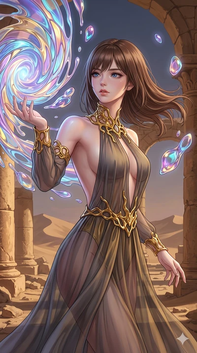 score_9, masterpiece, best quality, ultra-detailed, high-budget anime keyframe, Korean woman. upper body close-up from the thighs up, character filling the screen for maximum presence. interacting with liquid stained-glass that melts and swirls in mi