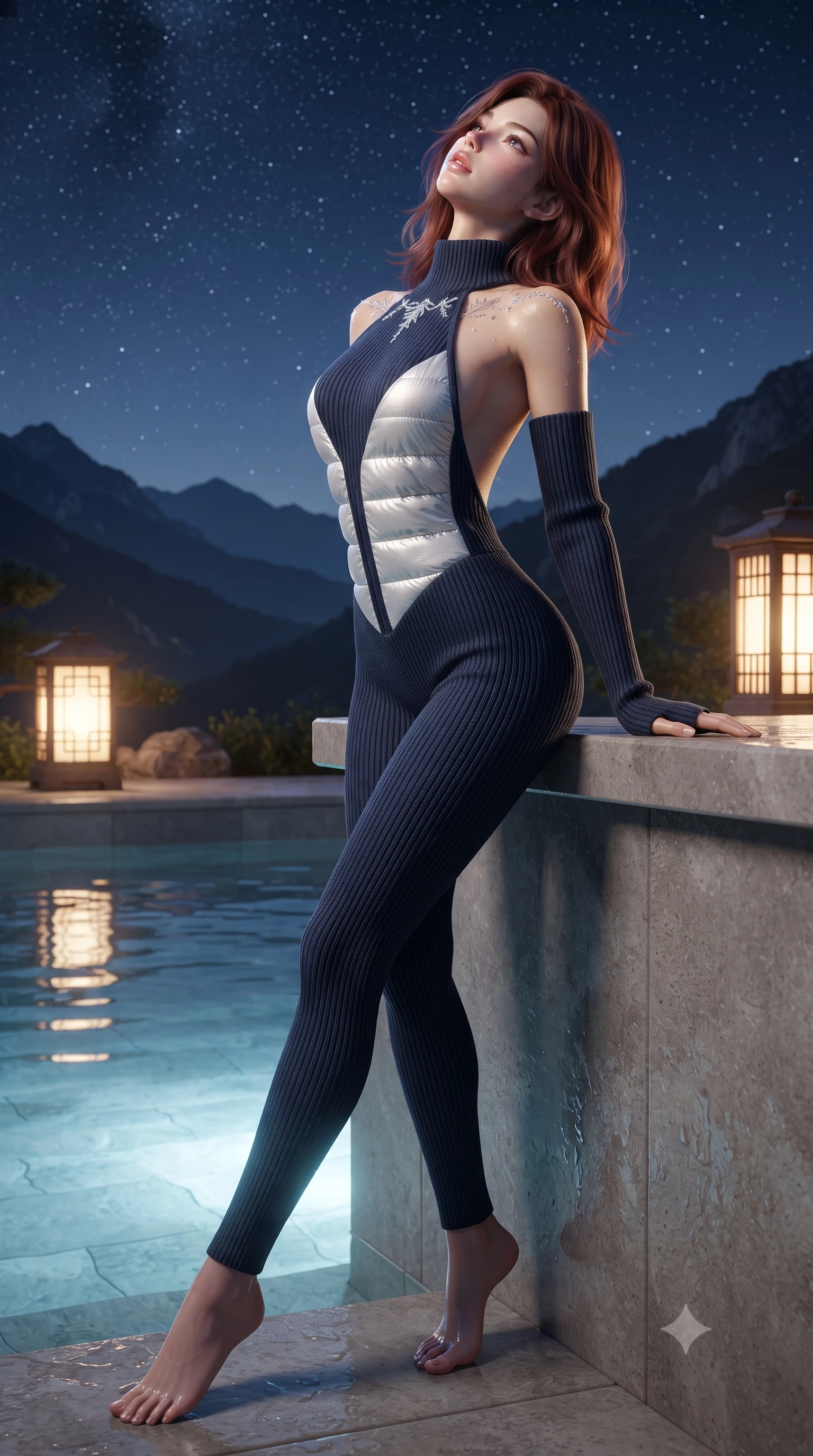 score_9, masterpiece, best quality, ultra-detailed, high-budget anime keyframe, editorial fashion photography, tasteful artistic composition, Korean woman. low angle full-body shot from head to toe showing her feet, filling the entire 9:16 vertical frame with her statuesque presence, stretching her vertical silhouette. pivoting dynamically with supreme athletic balance, her impossibly long slender legs and ultra-slim waist creating a mesmerizing vertical line while leaning against the smooth stone pool ledge, head tilted back toward starry alpine skies with parted, glossy lips. The surrounding environment is rendered in vivid detail and crisp panoramic clarity. detailed mountain ridge silhouettes, glowing lantern lattice, and wet skin highlights in high clarity. She has an absolutely perfect, statuesque 8.5-heads proportion, an exceptionally tall and slender model-like female figure with impossibly long slender legs, a toned flat midriff, and an ultra-slim waist. sharp v-shaped jawline, high-bridge nose, intricate jewel-like eyes with depth, thick eyelashes, glossy parted lips with a natural sheen, intensely captivating and seductive expression, flawlessly proportioned anatomical accuracy, strict slender model proportions, natural body alignment, perfectly sculpted long slender limbs, ultra-slim waistline, clean dynamic posture without body distortion. wearing a snug ribbed knit halter-neck catsuit with an open back and matching detachable arm warmers in deep alpine midnight navy and snow white, crafted from metallic silver ripstop nylon with plush goose-down quilting, finished with delicate crystal frost embroidery tracing the collarbones, the form-contouring material adhering flawlessly to her sculpted flat midriff and slender torso, emphasizing her long leg lines and perfectly proportioned willowy build. bathed in soft underwater pool illumination and warm golden stone lantern downlights. ultra-reflective glossy finish, specular highlights, rich textural contrasts, high-contrast stereoscopic depth, volumetric dynamic lighting, 2k, ultra detail, master piece, 9:16 ratio