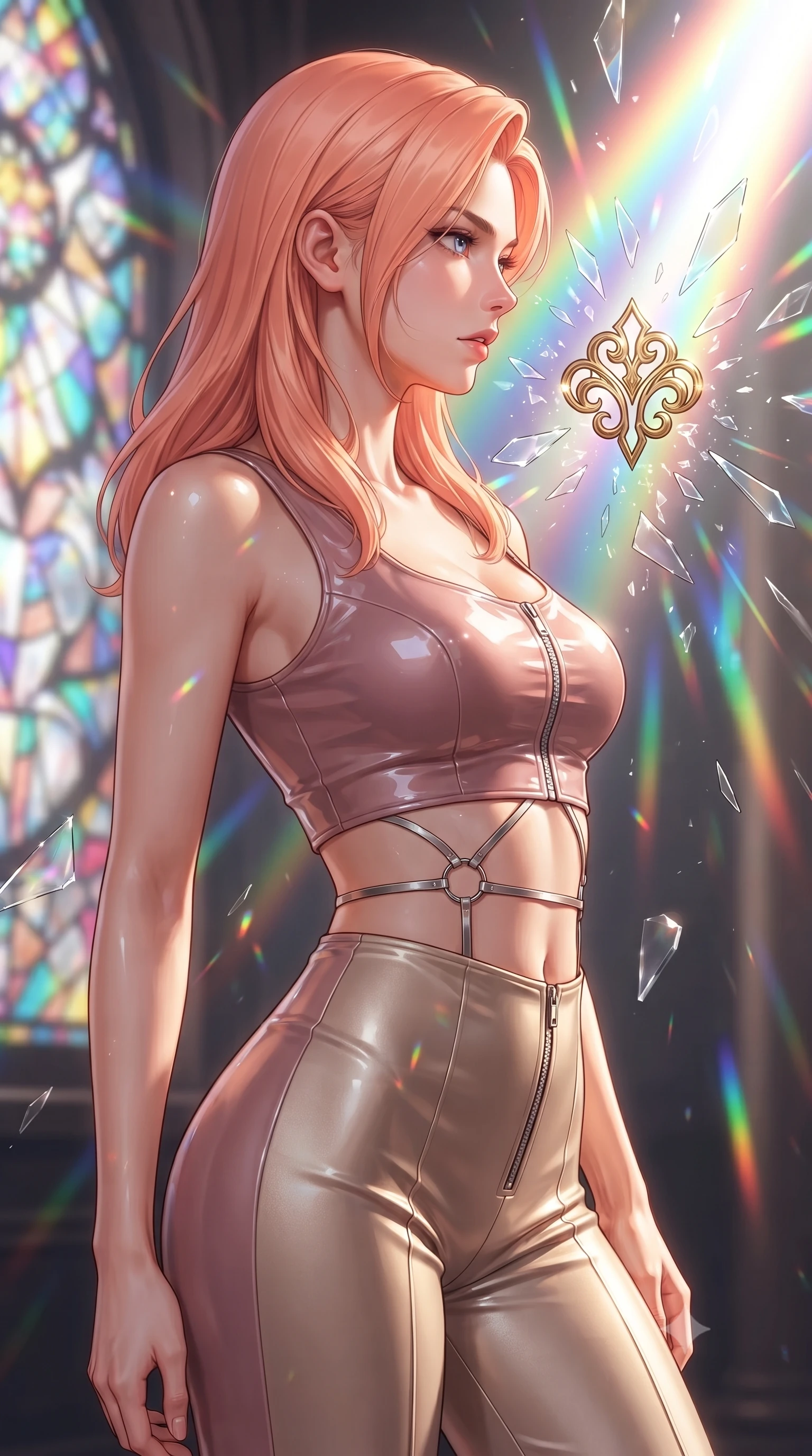 score_9, masterpiece, best quality, ultra-detailed, high-budget anime keyframe, editorial fashion photography, tasteful artistic composition, Japanese woman. close-up cowboy shot from the waist and thighs up, the character dominates the composition, filling the frame with her large presence, background elements kept in soft focus. Turning her face in sharp dramatic profile against the bright light, showcasing her sharp v-shaped jawline touching a floating golden icon surrounded by kaleidoscope light rays, shattered glass shards catching bright specular highlights in mid-air. She has an exceptionally elegant, slender, and willowy female figure with an ultra-slim waist, a gracefully sculpted slender torso, and a refined silhouette. sharp v-shaped jawline, high-bridge nose, intricate jewel-like eyes with depth, thick eyelashes, glossy lips with a natural sheen. wearing a glossy vinyl crop top and high-waist tailored leggings with sleek zippers in dusty rose and champagne gold, crafted from smooth liquid silk, accented with delicate chrome ring hardware framing her waist, the elegant draped fit framing her graceful clavicle and slender torso. bathed in cascading rainbow prismatic light refracting through stained glass. highly saturated vibrant anime colors, detailed shading with soft gradients, rich glossy textures, high-contrast stereoscopic depth, volumetric dynamic lighting, master piece, 9:16 ratio