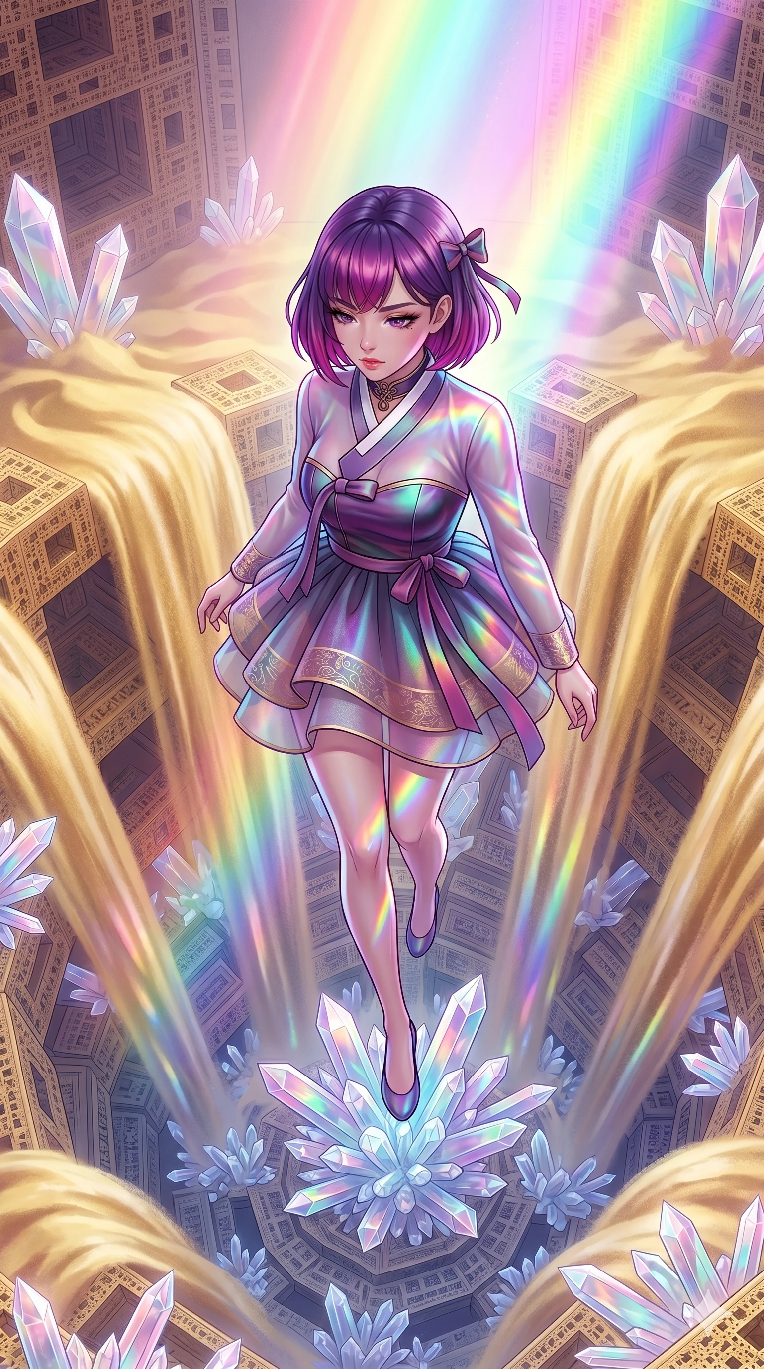 score_9, masterpiece, best quality, ultra-detailed, high-budget anime keyframe, Caucasian woman, strictly human ears. upper body close-up from the thighs up, character filling the screen for maximum presence. descending through a fractal quicksand temple where golden sand waterfalls transform into glass crystals, revealing intricate repeating patterns. She has an absolutely perfect 8-heads proportion, an exceptionally tall and slender female figure with impossibly long slender legs and an ultra-slim waist. V-shaped jawline, high-bridge nose, intricate jewel-like eyes with depth, thick eyelashes, glossy lips with a natural sheen.. wearing a modern fusion silk hanbok dress, featuring a silk bustier top, layered sheer organza skirts, and a traditional knot choker. enhanced by a luminous pastel spectrum glow, casting elegant rim lights on her shoulders and jawline. 2k, ultra detail, master piece, 9:16 ratio