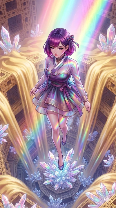 score_9, masterpiece, best quality, ultra-detailed, high-budget anime keyframe, Caucasian woman, strictly human ears. upper body close-up from the thighs up, character filling the screen for maximum presence. descending through a fractal quicksand te