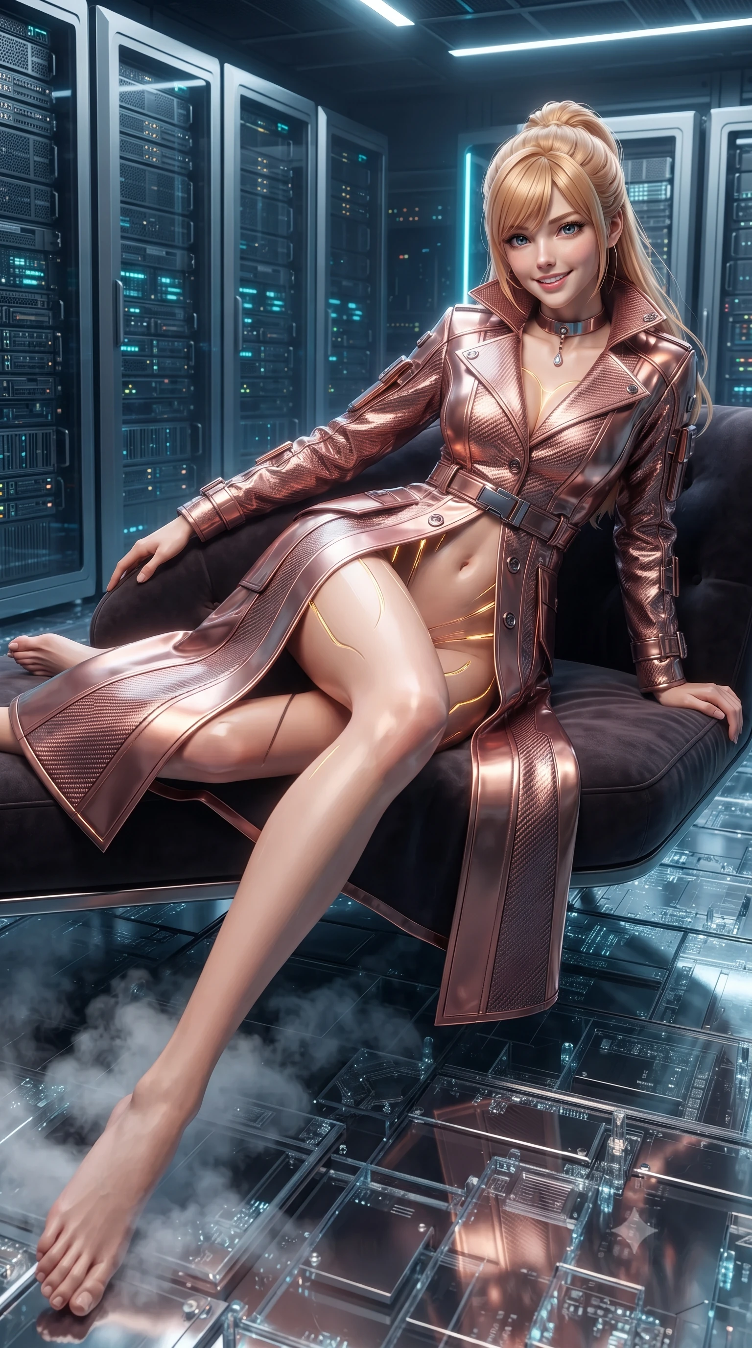score_9, masterpiece, best quality, ultra-detailed, high-budget anime keyframe, editorial fashion photography, tasteful artistic composition, Caucasian woman. low angle full-body shot from head to toe showing her feet, filling the entire 9:16 vertical frame with her statuesque presence, stretching her vertical silhouette. reclining gracefully across the plush chaise lounge with one leg extended, her sculpted silhouette and flat midriff radiating magnetic nocturnal glamour while twisting her slender torso in an alluring S-curve as cool nitrogen coolant vapors swirl around her ankles, golden data pulses highlighting her curves and flat midriff. The surrounding environment is rendered in vivid detail and crisp panoramic clarity: sharp brushed titanium server housings, intricate crystalline micro-circuits beneath glass flooring, and glowing bus-bar conduit details in deep focus. She has an exceptionally tall and slender model-like 8.5-heads proportion, an ultra-slim waist, a flat toned midriff, narrow delicate ribcage, and beautifully sculpted feminine hips creating a graceful, slim hourglass silhouette without any bulky heaviness, with impossibly long slender legs. sharp v-shaped jawline, high-bridge nose, intricate jewel-like sparkling eyes with depth, thick eyelashes, glossy parted lips with a natural peach sheen, bright cheerful beaming smile with an enchanting and coquettish sensual glint, exuding both youthful cute charm and seductive allure, flawlessly proportioned anatomical accuracy, strict slender model proportions, natural body alignment, perfectly sculpted long slender limbs, ultra-slim waistline, clean dynamic posture without body distortion. wearing a tailored high-collar cyberpunk tech-trench coat with magnetic buckle closures and wide storm flaps in high-gloss rose-gold and burnished copper, woven from structured carbon-fiber jacquard with rich textural depth, finished with a minimalist chrome choker and a single teardrop diamond pendant, the bespoke structured tailoring following the natural line of her 8.5-heads silhouette with refined elegance. illuminated by glass gantry reflection bounce and sharp laser-cyan rim lights defining her razor-sharp jawline, narrow waist, and curvy hips. ultra-reflective glossy finish, specular highlights, rich textural contrasts, high-contrast stereoscopic depth, volumetric dynamic lighting, 2k, ultra detail, master piece, 9:16 ratio