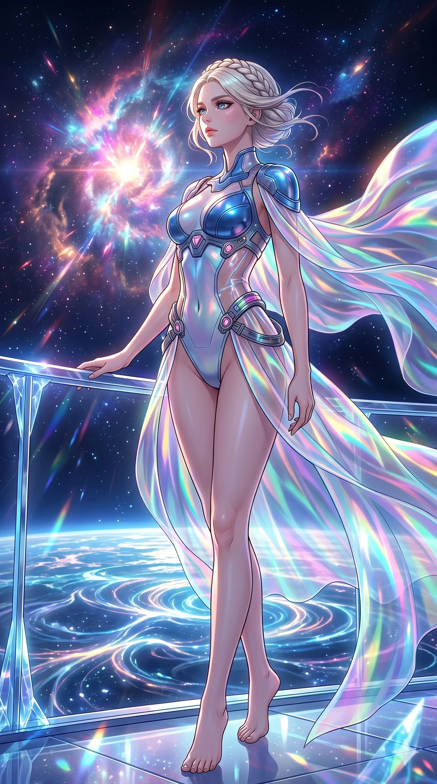 score_9, masterpiece, best quality, ultra-detailed, High-budget Anime Keyframe, vibrant colors, fluid line-art, expressive lighting, cinematic composition, Ufotable-style visual effects, top-tier animation quality, Caucasian woman with pale skin, blonde hair, and (strictly human ears). Cinematic low angle perspective showcasing her towering height and well-proportioned figure. Observing the slow birth of a new nebula from her private balcony on a space station, the colors reflecting in her eyes. She has an well-proportioned figure, an tall and elegant figure with elegant legs and an graceful posture, her statuesque height and towering silhouette dominating the vertical 9:16 frame. Her face is a masterpiece featuring a sharp v-shaped jawline, high-bridge nose, intricate jewel-like eyes with depth, thick eyelashes, and glossy lips with a natural sheen. She is wearing a High-cut leotard with metallic plating and translucent PVC panels on the sides crafted from Holographic chiffon that changes color with every movement, creating a rainbow effect, with an fitted waist and a complex harness system that draws the eye. The scene is set in a vibrant sunset over a futuristic crystalline ocean with waves made of liquid light, illuminated by intense energy flares from her powers illuminating the scene with brilliant light. 2k, ultra detail, master piece, 9:16 ratio