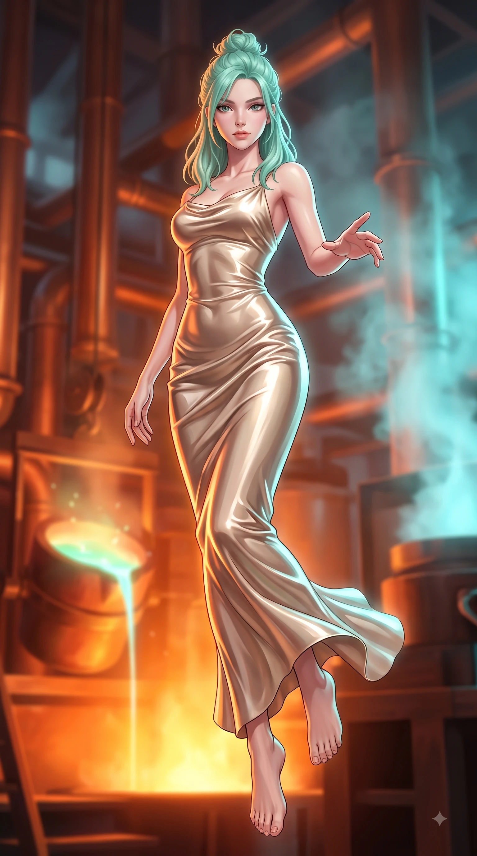 score_9, masterpiece, best quality, ultra-detailed, high-budget anime keyframe, editorial fashion photography, tasteful artistic composition, Japanese woman woman. low angle full-body shot from head to toe showing her feet, filling the entire 9:16 vertical frame with her statuesque presence, stretching her vertical silhouette. She has an absolutely perfect, statuesque 8.5-heads proportion, an exceptionally tall and slender model-like female figure with impossibly long slender legs and an ultra-slim waist. floating dynamically in zero-gravity with flawless poise, reaching her hand forward gracefully, flawlessly proportioned anatomical accuracy, natural body alignment, perfectly sculpted elegant limbs, clean dynamic posture without body distortion. set against a soft-focus background of a copper pipe industrial foundry with liquid aurora crucibles. wearing a sculpted champagne satin bodycon gown following her slender silhouette like liquid metal. bathed in intense orange furnace light clashing with cool cyan steam highlights. highly saturated vibrant anime colors, detailed shading with soft gradients, rich glossy textures, high-contrast stereoscopic depth, volumetric dynamic lighting, master piece, 9:16 ratio