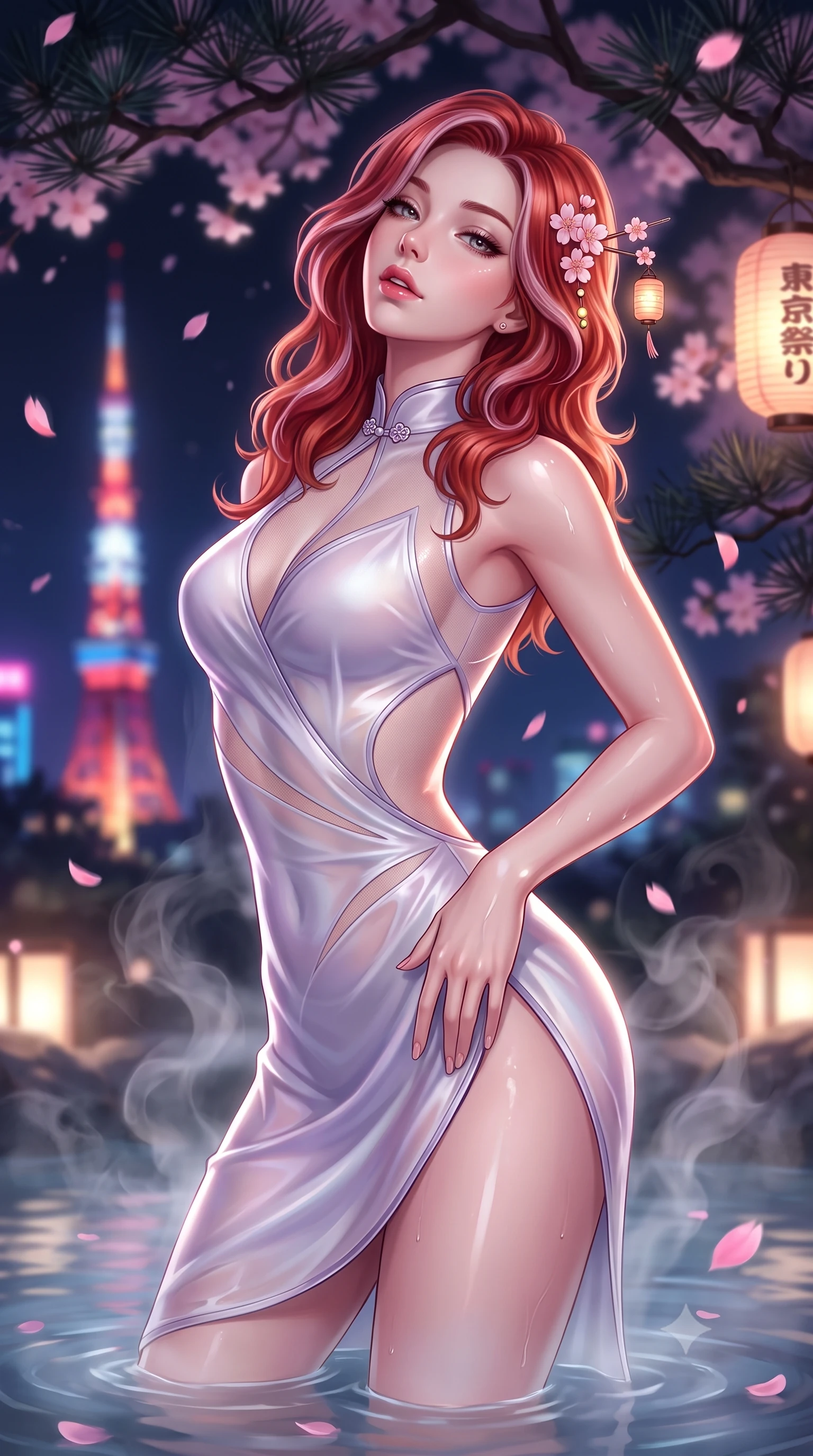 score_9, masterpiece, best quality, ultra-detailed, high-budget anime keyframe, semi-realistic 3D game render, editorial fashion photography, tasteful artistic composition, Caucasian woman. close-up cowboy shot from the waist and thighs up, the character dominates the composition, filling the frame with her large presence. arching her spine backward with effortless dancer poise, one hand sliding along her hip line as directional light carves specular highlights along her silhouette while wading through the thermal mineral pool beneath falling pink sakura petals, arching her spine in pure pleasure as steam curls around her waist. The composition keeps background elements in soft focus with creamy bokeh. distant Tokyo Tower neon lights and dark pine branches softened in dreamy nocturnal shallow focus. She has an exceptionally elegant, slender, and willowy female figure with an ultra-slim waist, a gracefully sculpted slender torso, toned flat midriff, and rounded feminine hips creating an alluring hourglass silhouette. sharp v-shaped jawline, high-bridge nose, intricate jewel-like eyes with depth, thick eyelashes, glossy parted lips with a natural sheen, intensely captivating and seductive bedroom-eyes expression, flawlessly proportioned anatomical accuracy, strict slender model proportions, natural body alignment, perfectly sculpted long slender limbs, ultra-slim waistline, clean dynamic posture without body distortion. wearing a wet-look silk fusion wrap dress with asymmetrical sheer mesh cutouts and high Mandarin collar in ethereal lilac mist and pearlescent white, made of sheer contouring power-mesh panels with anatomical curve lines, accented with delicate cherry blossom hairpins and glowing paper lantern charms, the precision-cut side openings and low-back scoop framing her graceful spine and the sensual sweep of her hips. surrounded by an intimate, tranquil, and deeply sensual Japanese skylounge muse aura. highly saturated vibrant anime colors, detailed shading with soft gradients, rich glossy textures, high-contrast stereoscopic depth, volumetric dynamic lighting, master piece, 9:16 ratio