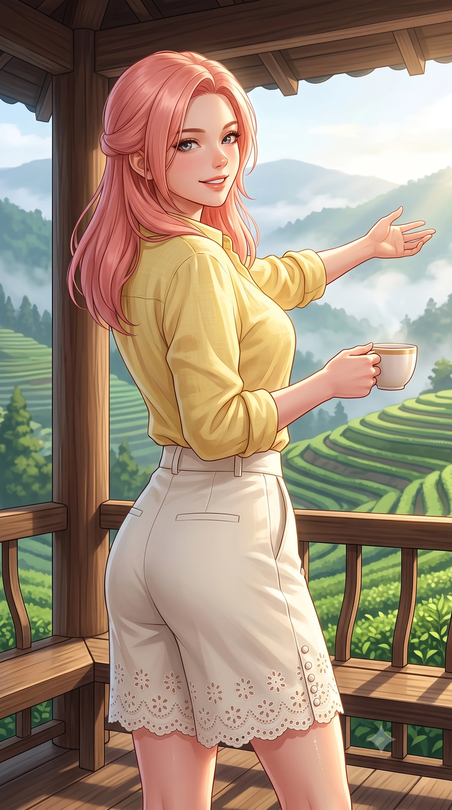 score_9, masterpiece, best quality, ultra-detailed, high-budget anime keyframe, semi-realistic 3D game render, editorial fashion photography, tasteful artistic composition, Japanese woman. close-up cowboy shot from the waist and thighs up, the character dominates the composition, filling the frame with her large presence. extending one arm gracefully toward the scenery while turning back with an infectious, heartwarming smile while pausing at a traditional wooden gazebo on a misty ridge, holding a warm porcelain cup with a serene, sweet smile. The surrounding environment is rendered in vivid detail and crisp panoramic clarity. crisp morning chiaroscuro and tranquil hillside plantation geometry captured with environmental elegance. She has an exceptionally elegant, slender, and willowy female figure with an ultra-slim waist, a gracefully sculpted slender torso, toned flat midriff, and a refined slim silhouette. sharp v-shaped jawline, high-bridge nose, intricate jewel-like eyes with depth, thick eyelashes, glossy lips with a natural sheen, pure and lovely fresh girlhood expression, flawlessly proportioned anatomical accuracy, strict slender model proportions, natural body alignment, perfectly sculpted long slender limbs, ultra-slim waistline, clean dynamic posture without body distortion. wearing a lightweight pastel linen button-down shirt paired with tailored high-rise white Bermuda shorts in fresh buttercup yellow and clean cream white, woven with delicate eyelet lace and breathable cotton voile, finished with delicate scallop trims and tiny pearl buttons, the chic real-way fashion cut emphasizing her effortless charm, flat midriff, and slender model proportions. illuminated by gentle morning sunbeams casting a warm, dewy glow on her skin and attire. highly saturated vibrant anime colors, detailed shading with soft gradients, rich glossy textures, high-contrast stereoscopic depth, volumetric dynamic lighting, master piece, 9:16 ratio
