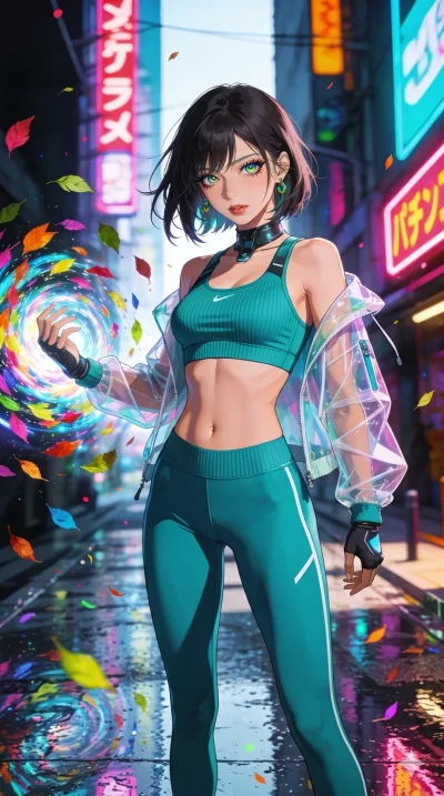 첨부의 캐릭터 얼굴만 유지해, score_9, masterpiece, best quality, ultra-detailed, Set C: High-budget Anime Keyframe, Korean woman. Low angle cowboy shot filling the entire 9:16 frame with her statuesque presence. Summoning a vortex of colorful leaves in a futuris