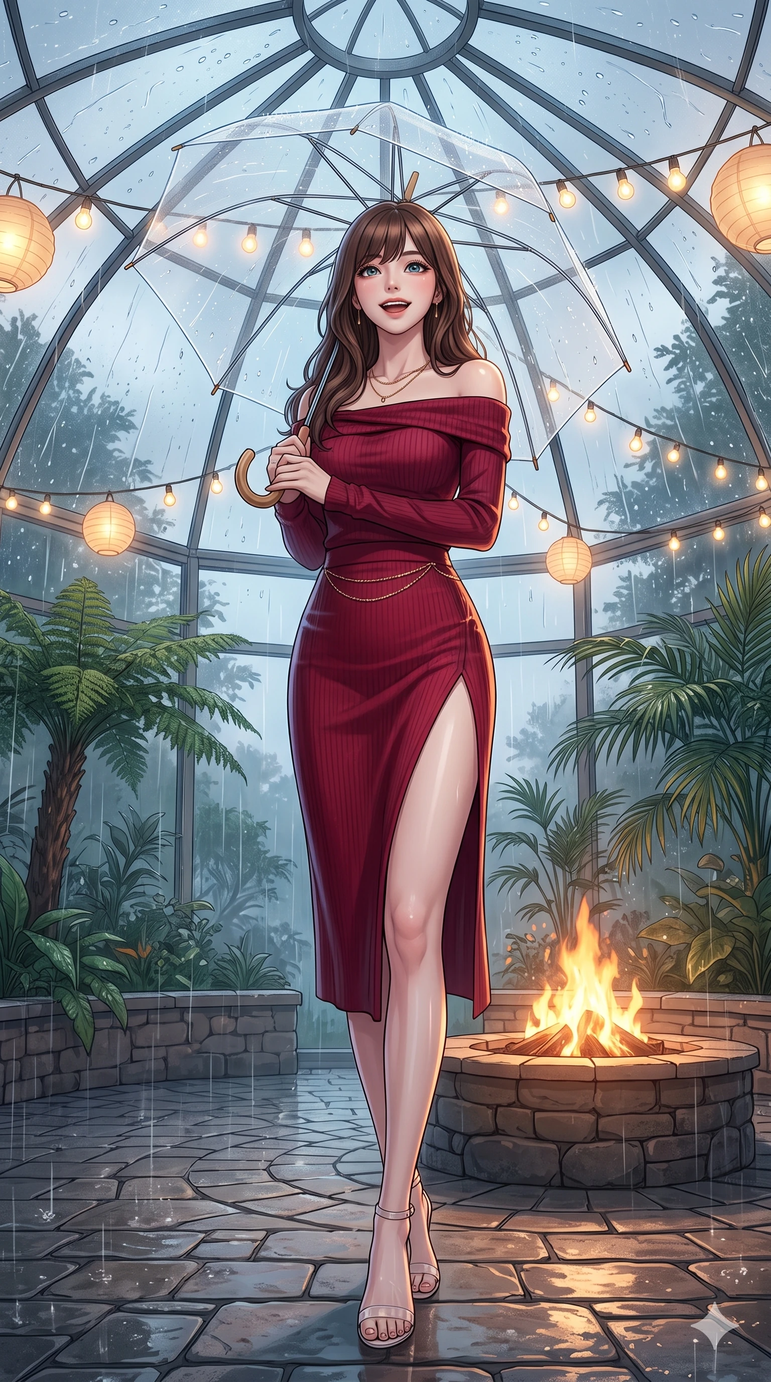 score_9, masterpiece, best quality, ultra-detailed, high-budget anime keyframe, vibrant anime aesthetic, Korean woman. low angle full-body shot from head to toe showing her feet, filling the entire 9:16 vertical frame with her statuesque presence, stretching her vertical silhouette. She is holding a clear umbrella, looking up with a bright, joyful expression, gazing warmly at the viewer under the glass conservatory dome. on a private terrace with a warm outdoor fire pit, under a translucent canopy during a cool rain shower (Code-P22-047). She has an absolutely perfect 8-heads proportion, an exceptionally tall and slender female figure with impossibly long slender legs and an ultra-slim waist. V-shaped jawline, high-bridge nose, intricate jewel-like eyes with depth, thick eyelashes, glossy lips with a natural sheen. wearing an off-shoulder long-sleeve shirt and a high-slit knit skirt in deep crimson. She is lit by warm, glowing fairy lights strung across the glass conservatory roof, casting clean highlights that trace her slim waist in the cozy indoor garden. 2k, ultra detail, master piece, 9:16 ratio