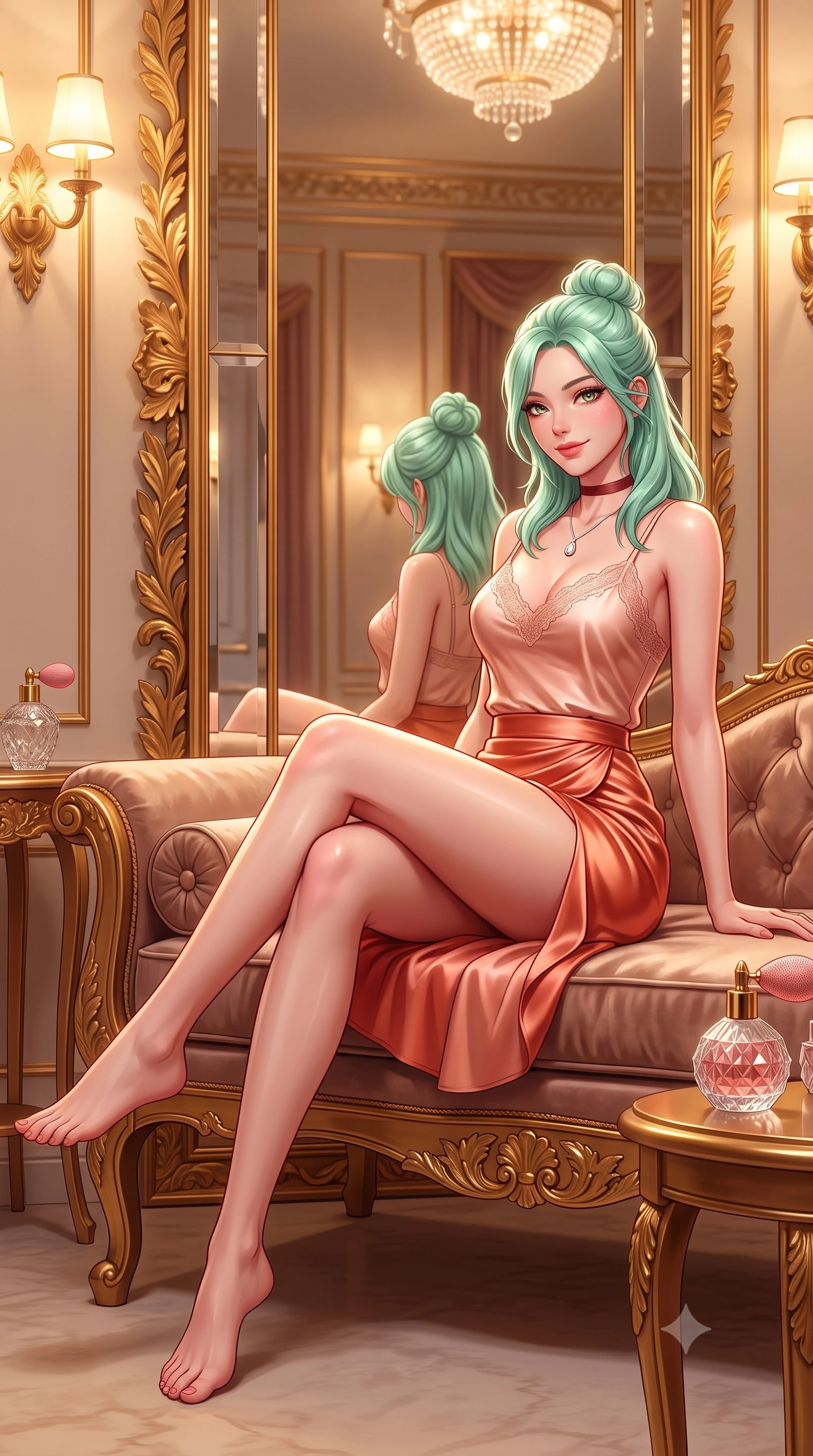 score_9, masterpiece, best quality, ultra-detailed, high-budget anime keyframe, semi-realistic 3D game render, editorial fashion photography, tasteful artistic composition, Japanese woman. low angle full-body shot from head to toe showing her feet, filling the entire 9:16 vertical frame with her statuesque presence, stretching her vertical silhouette. lounging on the lavish daybed with legs crossed and hips angled toward the camera, displaying her toned midriff and long slender limbs with effortless siren poise while twisting her slender torso in an alluring contrapposto stance before the floor-to-ceiling gilded mirrors, admiring her hourglass silhouette. The surrounding environment is rendered in vivid detail and crisp panoramic clarity: sharp carved gilded wood leaf reliefs, bevelled mirror glass edges, and cut-crystal perfume atomizer facets in deep focus. She has an absolutely perfect, statuesque 8.5-heads proportion, an exceptionally tall and slender model-like female figure with impossibly long slender legs, an ultra-slim waist, a flat toned midriff, narrow delicate ribcage, and beautifully sculpted feminine hips creating a graceful, slim hourglass silhouette without any bulky heaviness. sharp v-shaped jawline, high-bridge nose, sparkling eyes with hypnotic seductive depth, thick curled eyelashes, glossy parted lips with a natural dewy peach sheen, alluring bedroom-eyes with an enchanting coquettish smile, exuding magnetic siren charisma and sophisticated glamour, flawlessly proportioned anatomical accuracy, strict slender model proportions, natural body alignment, perfectly sculpted long slender limbs, ultra-slim waistline, clean dynamic posture without body distortion. wearing a delicate lace-trimmed silk camisole paired with a draped satin tulip mini skirt with high side slit in Positano terracotta and blush peach, crafted from shimmering fluid chainmail mesh reflecting ambient lights, finished with a thin velvet ribbon choker and a single teardrop diamond pendant, the liquid-tight tailored fabric clinging flawlessly to her narrow waist and rounded feminine hips, emphasizing every millimeter of her sculpted slim hourglass curves without any bulky heaviness. bathed in intimate warm 2700K vanity sconce lighting combined with overhead chandelier sparkle creating multi-angle highlights. highly saturated vibrant anime colors, detailed shading with soft gradients, rich glossy textures, high-contrast stereoscopic depth, volumetric dynamic lighting, master piece, 9:16 ratio