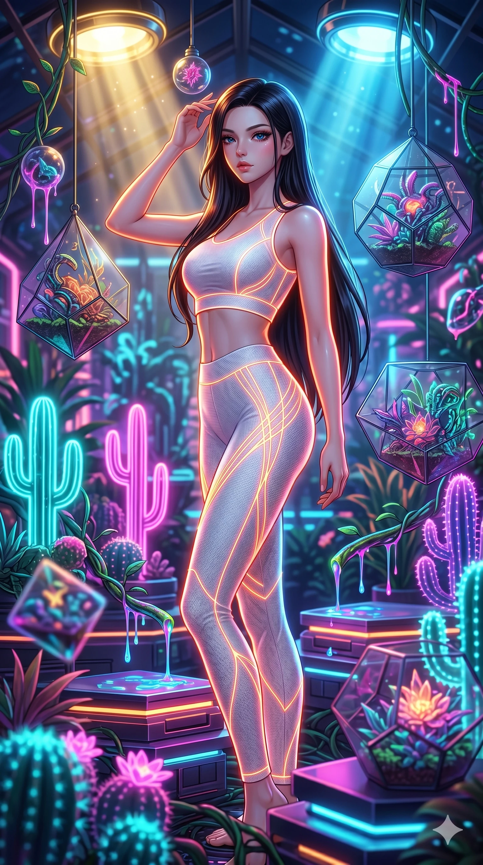 score_9, masterpiece, best quality, ultra-detailed, high-budget anime keyframe, Japanese woman. upper body close-up from the thighs up, character filling the screen for maximum presence. standing in a retro-futuristic synthwave greenhouse where glowing neon cacti and polyhedral glass terrariums float around her, while fluorescent cyber-sap drips from cybernetic vines. She has an absolutely perfect 8-heads proportion, an exceptionally tall and slender female figure with impossibly long slender legs and an ultra-slim waist. V-shaped jawline, high-bridge nose, intricate jewel-like eyes with depth, thick eyelashes, glossy lips with a natural sheen.. wearing a neon filament athleisure set, featuring a tight white crop top and matching leggings woven with glowing orange neon filaments, highlighting her slender body contour. bathed in brilliant cinematic volumetric lighting and intense neon rim light highlighting her slender form. 2k, ultra detail, master piece, 9:16 ratio