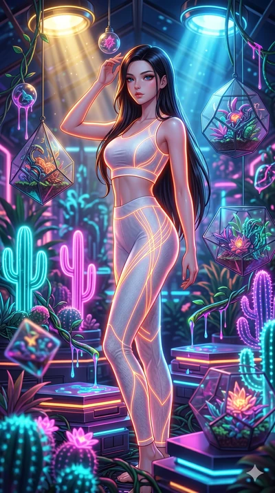 score_9, masterpiece, best quality, ultra-detailed, high-budget anime keyframe, Japanese woman. upper body close-up from the thighs up, character filling the screen for maximum presence. standing in a retro-futuristic synthwave greenhouse where glowi