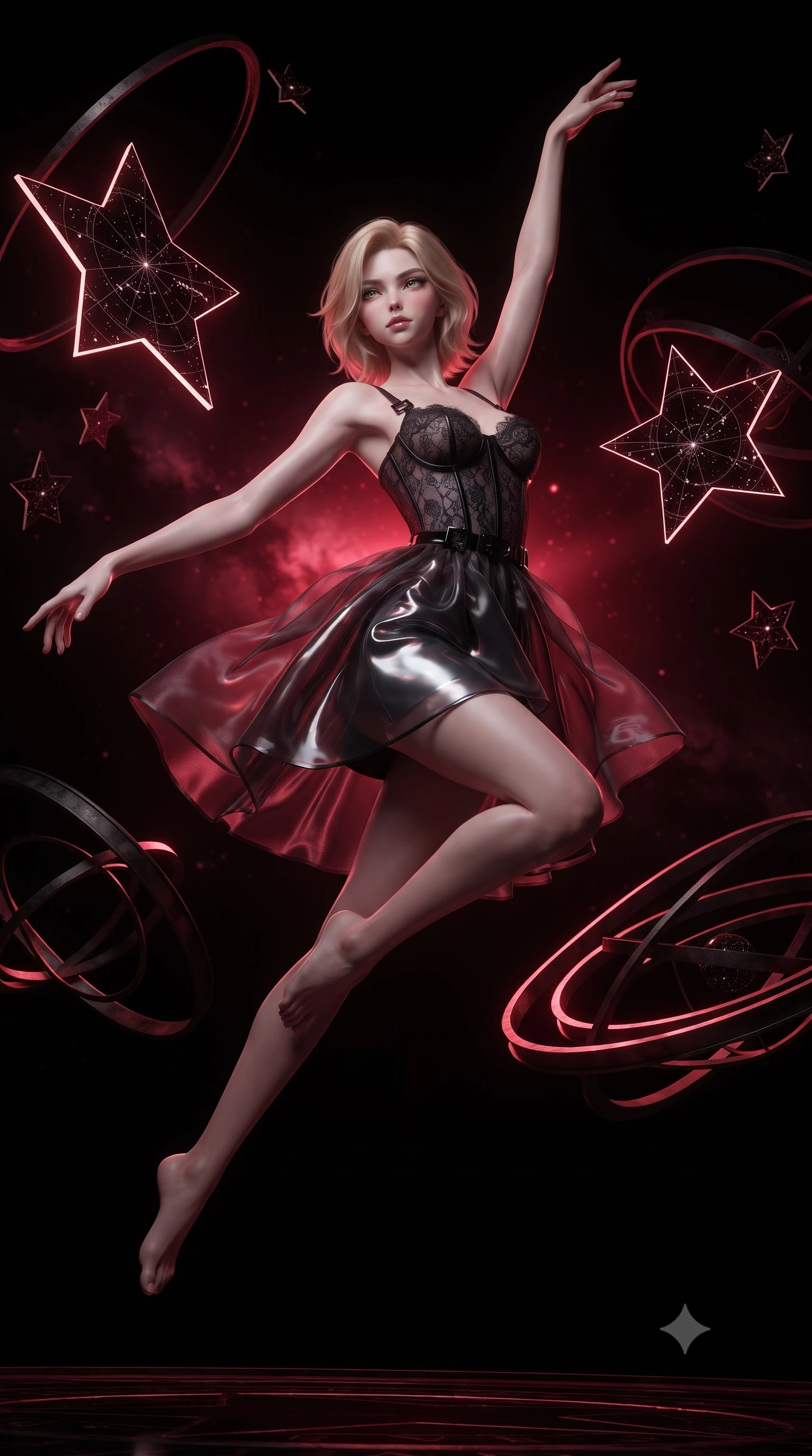 score_9, masterpiece, best quality, ultra-detailed, high-budget anime keyframe, editorial fashion photography, tasteful artistic composition, Caucasian woman. low angle full-body shot from head to toe showing her feet, filling the entire 9:16 vertical frame with her statuesque presence, stretching her vertical silhouette. leaping dynamically through the pitch-black void, her posture full of power and elegance, navigating a dark armillary sphere hall with floating black star charts, dramatic black-on-black contrast defining her sleek silhouette. She has an absolutely perfect, statuesque 8.5-heads proportion, an exceptionally tall and slender model-like female figure with impossibly long slender legs and an ultra-slim waist. sharp v-shaped jawline, high-bridge nose, intricate jewel-like eyes with depth, thick eyelashes, glossy lips with a natural sheen. wearing translucent dark organza mini dress over structured black lace corset in pitch-black onyx, made of liquid dark mercury jersey, adorned with minimalist black onyx hardware framing the silhouette, highlighting her statuesque proportions and ultra-slim waistline. bathed in deep crimson cosmic glow and high-contrast pitch-black shadows. ultra-reflective glossy finish, specular highlights, metallic sheen, high-contrast stereoscopic depth, volumetric dynamic lighting, 2k, ultra detail, master piece, 9:16 ratio