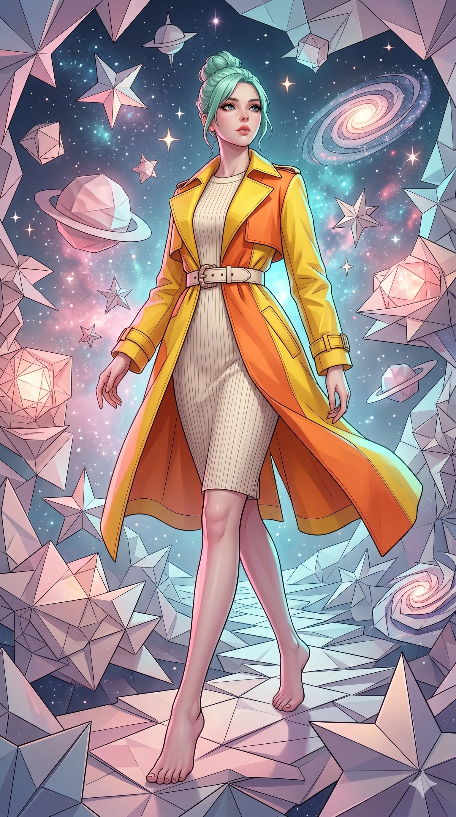 score_9, masterpiece, best quality, ultra-detailed, high-budget anime keyframe, editorial fashion photography, tasteful artistic composition, Japanese woman. low angle full-body shot from head to toe showing her feet, filling the entire 9:16 vertical frame with her statuesque presence, stretching her vertical silhouette. navigating with fluid motion through a dimension made entirely of folded paper where origami stars planets and spiral galaxies float in precise geometric formations with crisp paper folds catching light at every angle. She has a statuesque 8.5-heads proportion, an exceptionally tall, slender and willowy model-like build with impossibly long legs and a highly sculpted ultra-slim waist. sharp v-shaped jawline, high-bridge nose, intricate jewel-like eyes with depth, thick eyelashes, glossy lips with a natural sheen. wearing a structured color-blocked trench coat in bright canary yellow and tangerine orange, worn over a cream ribbed knit dress with an ivory waist belt. starlight and nebula glow casting soft cosmic pink and cyan highlights on her form. 2k, ultra detail, master piece, 9:16 ratio