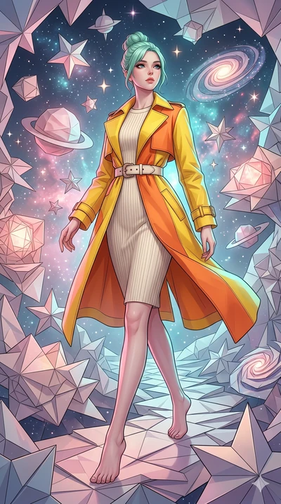 score_9, masterpiece, best quality, ultra-detailed, high-budget anime keyframe, editorial fashion photography, tasteful artistic composition, Japanese woman. low angle full-body shot from head to toe showing her feet, filling the entire 9:16 vertical