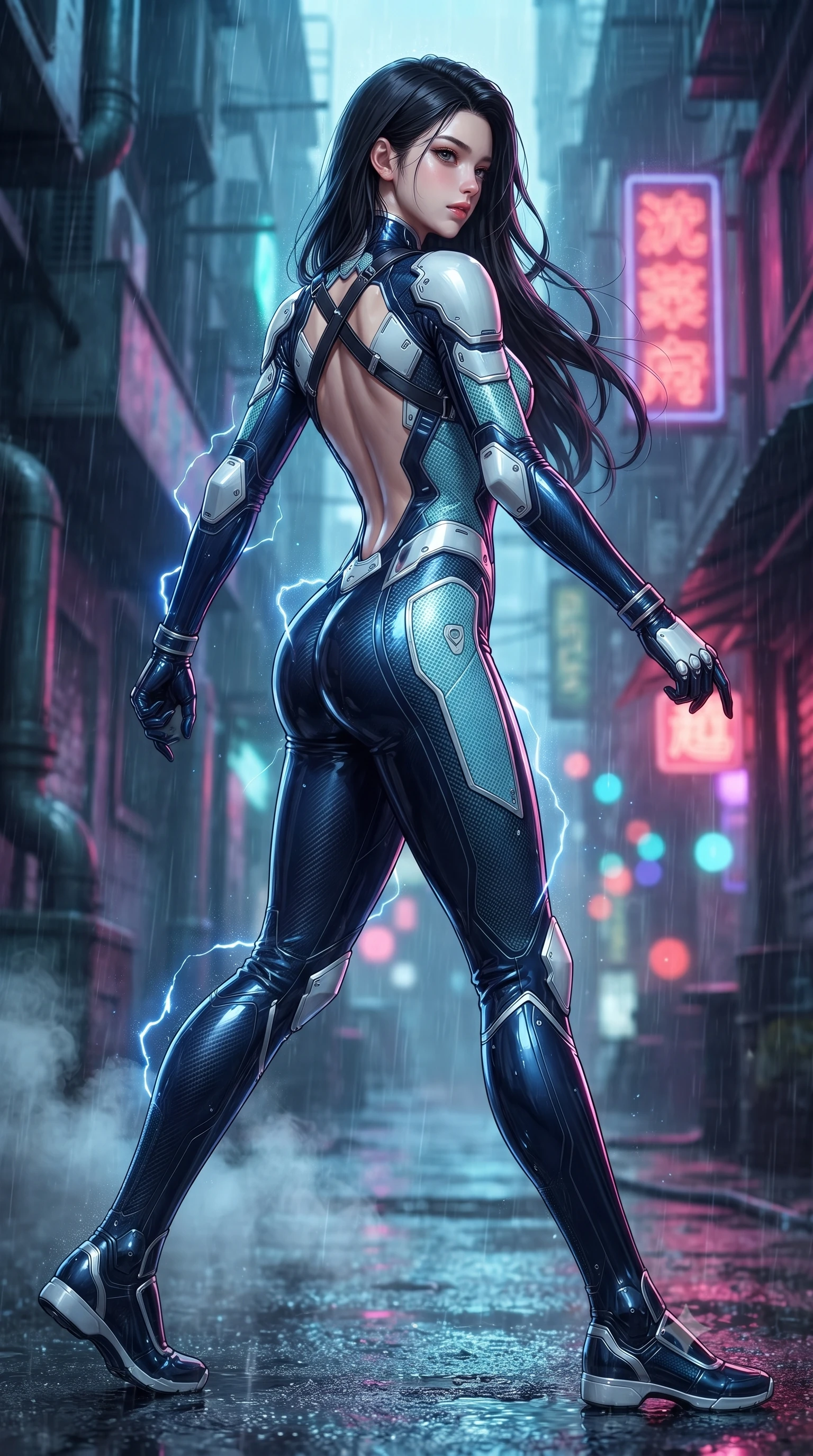 score_9, masterpiece, best quality, ultra-detailed, high-budget anime keyframe, editorial fashion photography, tasteful artistic composition, Korean woman. low angle full-body shot from head to toe showing her feet, filling the entire 9:16 vertical frame with her statuesque presence, stretching her vertical silhouette. striding forward with sovereign warrior elegance in a low, predatory combat advance, hips swaying with fierce athletic poise from head to toe while arching her spine in a fluid S-curve martial roll between steam pipes as blue electricity illuminates her sleek silhouette. The composition keeps background elements in soft focus with creamy bokeh. flickering neon sign kanji and rain puddles blurred into dazzling crimson, violet, and electric cyan bokeh. She has an absolutely perfect, statuesque 8.5-heads proportion, an exceptionally tall and slender model-like female figure with impossibly long slender legs, a toned flat midriff, and an ultra-slim waist. sharp v-shaped jawline, high-bridge nose, intricate jewel-like eyes with depth, thick eyelashes, glossy lips with a natural sheen, flawlessly proportioned anatomical accuracy, strict slender model proportions, natural body alignment, perfectly sculpted long slender limbs, ultra-slim waistline, clean dynamic posture without body distortion. wearing a statuesque midnight cobalt carbon-fiber battle-suit with platinum trim, reinforced kinetic palm plates, and an ultra-slim waistline in glacial ice-cyan carbon mesh with pure white armor plates, made of lightweight aerodynamic carbon-titanium alloy with polished edge bevels, complemented by criss-cross back harness straps highlighting her completely bare spine, the glove-like aerodynamic second-skin fit tightly clinging to her ultra-slender waist and athletic curves without adding bulk, accentuating her razor-sharp statuesque lines and slim hourglass silhouette. surrounded by a dangerous, gritty, and intensely captivating martial femme-fatale noir aura. ultra-reflective glossy finish, specular highlights, dark metallic sheen, high-contrast stereoscopic depth, volumetric dynamic lighting, 2k, ultra detail, master piece, 9:16 ratio