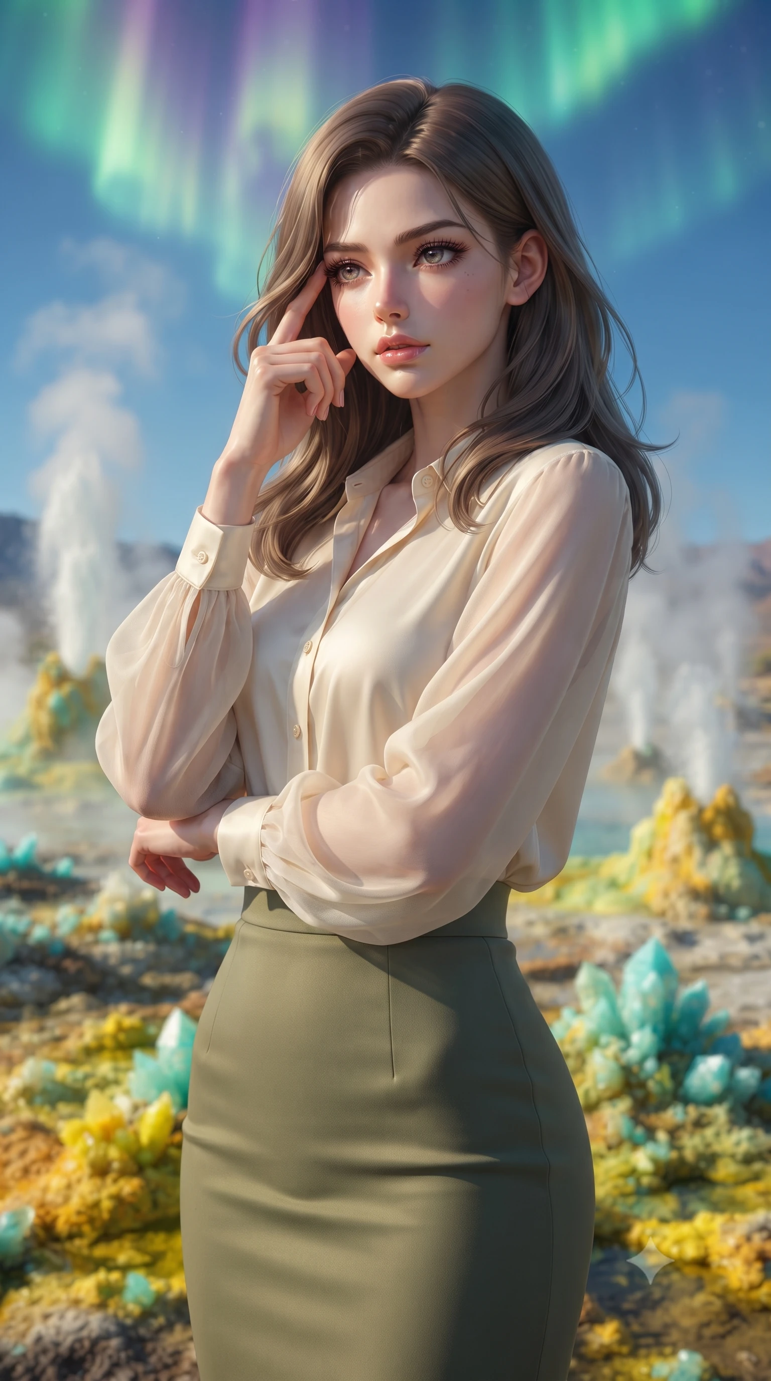 score_9, masterpiece, best quality, ultra-detailed, high-budget anime keyframe, editorial fashion photography, tasteful artistic composition, Caucasian woman, strictly human ears. close-up cowboy shot from the waist and thighs up, the character dominates the composition, filling the frame with her large presence, background elements kept in soft focus. Pressing two fingers to her temple in a composed thoughtful gesture. set against a soft-focus background of a field of active geysers erupting in synchronized bursts surrounded by deposits of mineral crystals in brilliant white sulfur gold and robin's-egg turquoise with steam columns rising into a clear blue sky. She has an exceptionally elegant and slender, willowy female figure with an ultra-slim waist, a gracefully sculpted slender torso, and a refined slim physique. sharp v-shaped jawline, high-bridge nose, intricate jewel-like eyes with depth, thick eyelashes, glossy lips with a natural sheen. wearing a cream silk blouse with sheer chiffon sleeves, tucked into a high-waisted olive green pencil skirt. illuminated by a shifting aurora palette of green violet and gold from above. 2k, ultra detail, master piece, 9:16 ratio