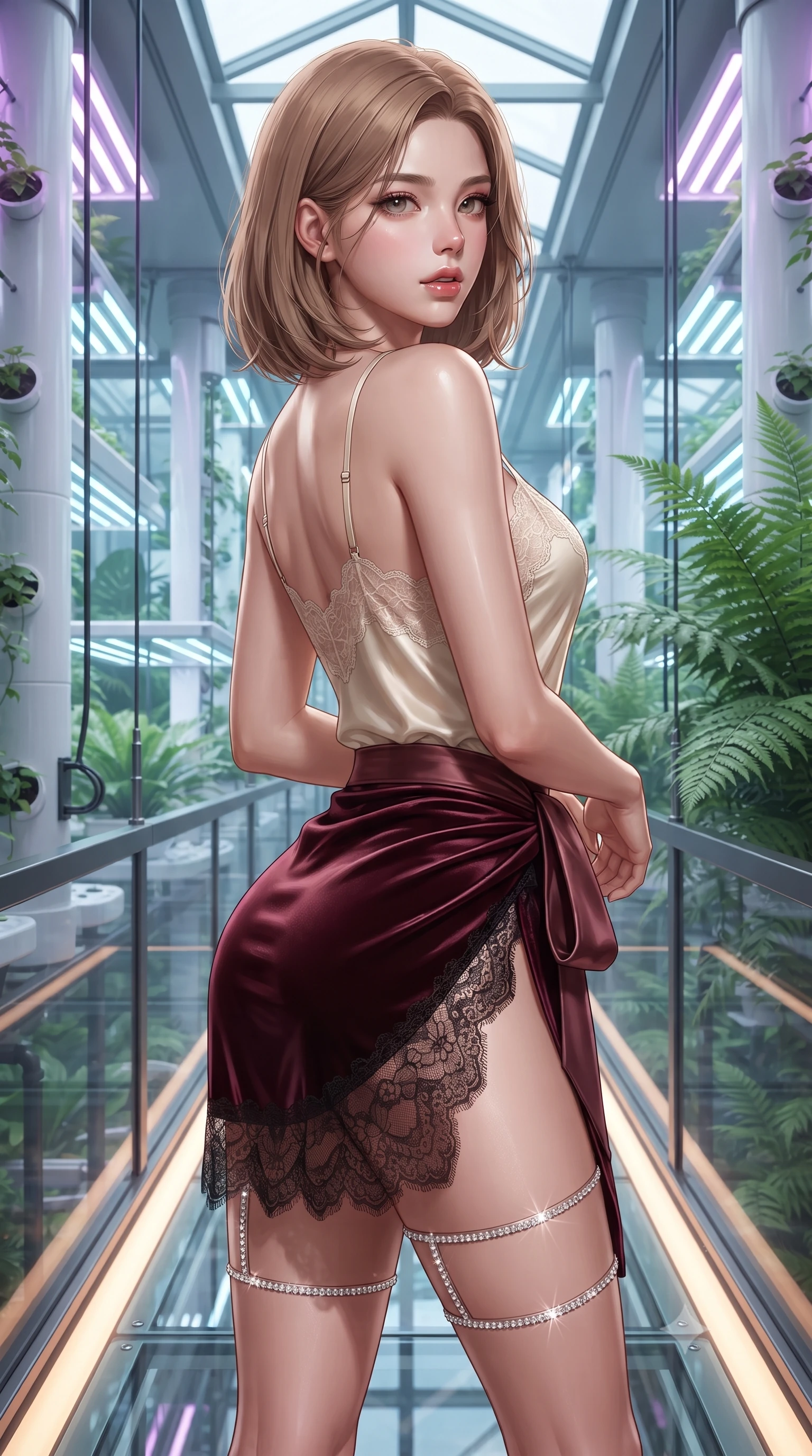 score_9, masterpiece, best quality, ultra-detailed, high-budget anime keyframe, editorial fashion photography, tasteful artistic composition, Korean woman. close-up cowboy shot from the waist and thighs up, the character dominates the composition, filling the frame with her large presence. posing in an alluring rear three-quarter angle, looking over a bare shoulder with parted glossy lips, her hips cocked back to highlight her slim hourglass curve while standing centered on the suspended glass skybridge connecting two hydroponic towers, arching her spine with high-tech siren grace. The surrounding environment is rendered in vivid detail and crisp panoramic clarity: sharp hydroponic planter drip tubes, structural glass bridge panels, and lush tropical fern leaf veins in deep focus. She has an exceptionally elegant, slender, and willowy female figure with an ultra-slim waist, flat toned midriff, narrow ribcage, and sculpted feminine hips creating an alluring, slim hourglass silhouette without bulk. sharp v-shaped jawline, high-bridge nose, sparkling eyes with hypnotic seductive depth, thick curled eyelashes, glossy parted lips with a natural dewy peach sheen, alluring bedroom-eyes with an enchanting coquettish smile, exuding magnetic siren charisma and sophisticated glamour, flawlessly proportioned anatomical accuracy, strict slender model proportions, natural body alignment, perfectly sculpted long slender limbs, ultra-slim waistline, clean dynamic posture without body distortion. wearing a delicate lace-trimmed silk camisole paired with a draped satin wrap sarong mini skirt with high side slit in deep bordeaux velvet and delicate black chantilly, woven from buttery-soft stretch lambskin leather adhering to her body like a second skin, finished with delicate crystal-encrusted thigh garter straps glinting in the dim light, the glove-like clinging cut tightly following the natural contour of her hips and long slender legs with youthful 8.5-heads elegance. bathed in specialized ultraviolet and cool daylight grow-lighting arrays mixed with bridge floor LED strips. ultra-reflective glossy finish, specular highlights, rich textural contrasts, high-contrast stereoscopic depth, volumetric dynamic lighting, 2k, ultra detail, master piece, 9:16 ratio