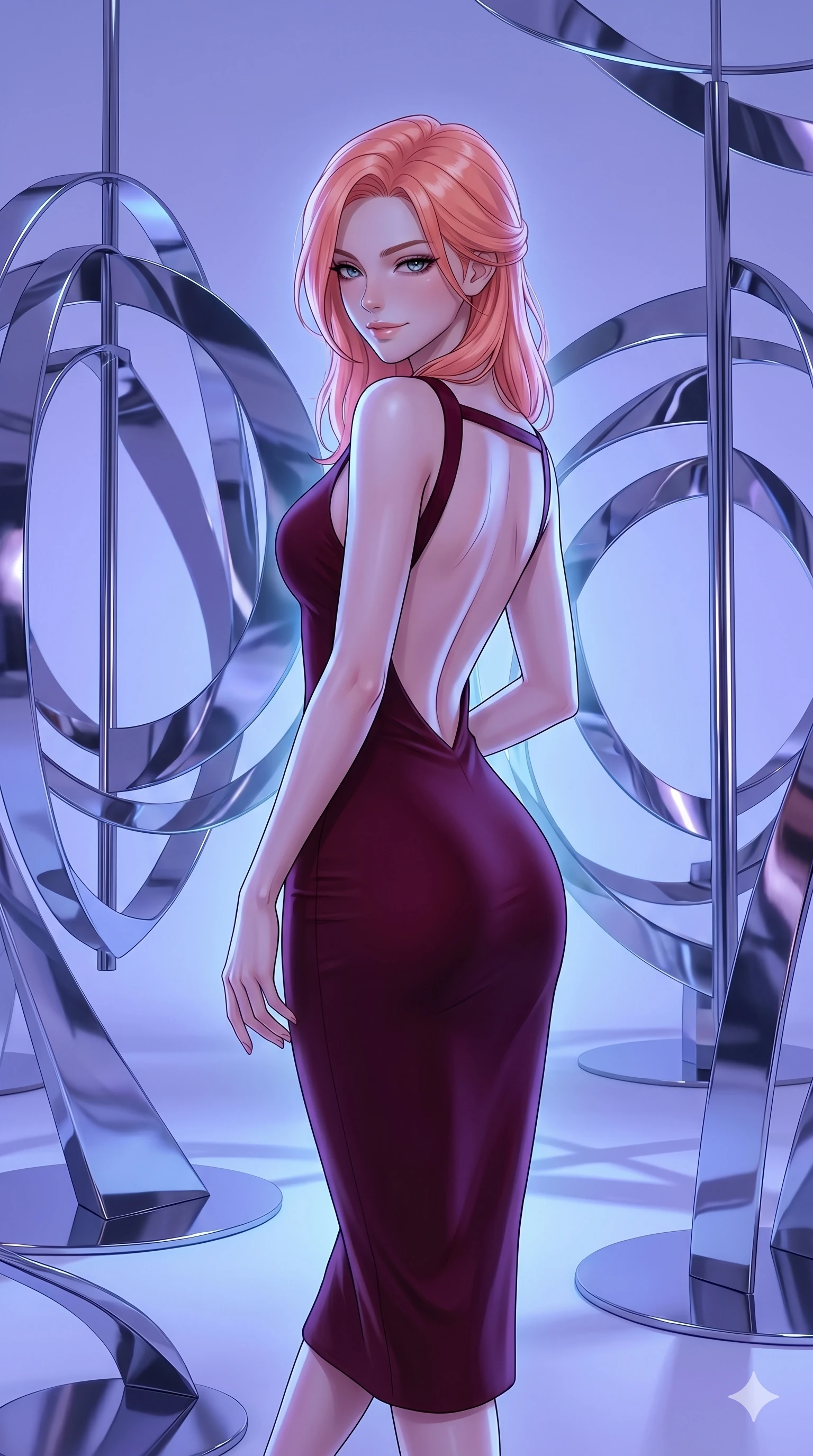score_9, masterpiece, best quality, ultra-detailed, high-budget anime keyframe, editorial fashion photography, tasteful artistic composition, Japanese woman. cowboy shot from the thighs up, character and outfit filling the frame for maximum editorial presence. Glancing sidelong over her shoulder with a smoldering half-smile inside a kinetic sculpture garden of enormous chrome mobiles casting long sweeping shadows. She has an absolutely perfect 8-heads proportion, an exceptionally tall and slender female figure with impossibly long slender legs and an ultra-slim waist. V-shaped jawline, high-bridge nose, intricate jewel-like eyes with depth, thick eyelashes, glossy lips with a natural sheen. wearing a deep burgundy bodycon midi dress with a modest front neckline and a dramatically plunging open back held by a single elegant strap, the fitted fabric contouring every curve of her slender body. bathed in cool ethereal blue-violet bioluminescent glow that highlights her form from all sides. 2k, ultra detail, master piece, 9:16 ratio