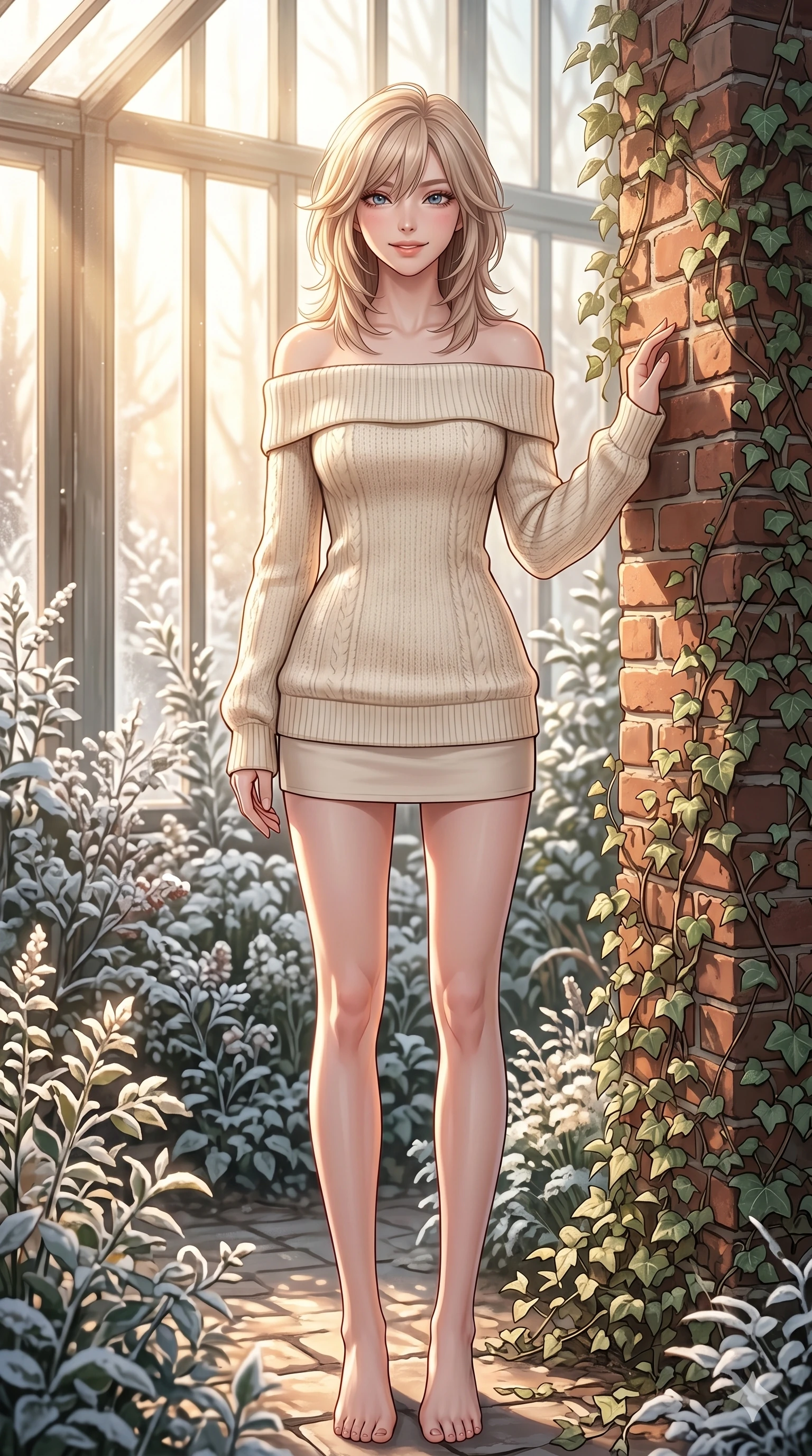 score_9, masterpiece, best quality, ultra-detailed, high-budget anime keyframe, editorial fashion photography, tasteful artistic composition, Japanese woman. cowboy shot from the thighs up, character and outfit filling the frame for maximum editorial presence. looking at the camera with a warm, cozy smile and a gentle, welcoming expression standing by a rustic brick chimney covered in ivy inside a sunlit winter garden. She has an absolutely perfect 8-heads proportion, an exceptionally tall and slender female figure with impossibly long slender legs and an ultra-slim waist. V-shaped jawline, high-bridge nose, intricate jewel-like eyes with depth, thick eyelashes, glossy lips with a natural sheen. wearing a cream-colored off-shoulder knit sweater showing her elegant clavicle lines, paired with a mini-skirt. lit by soft, warm morning sunlight streaming through the tall glass panes. 2k, ultra detail, master piece, 9:16 ratio