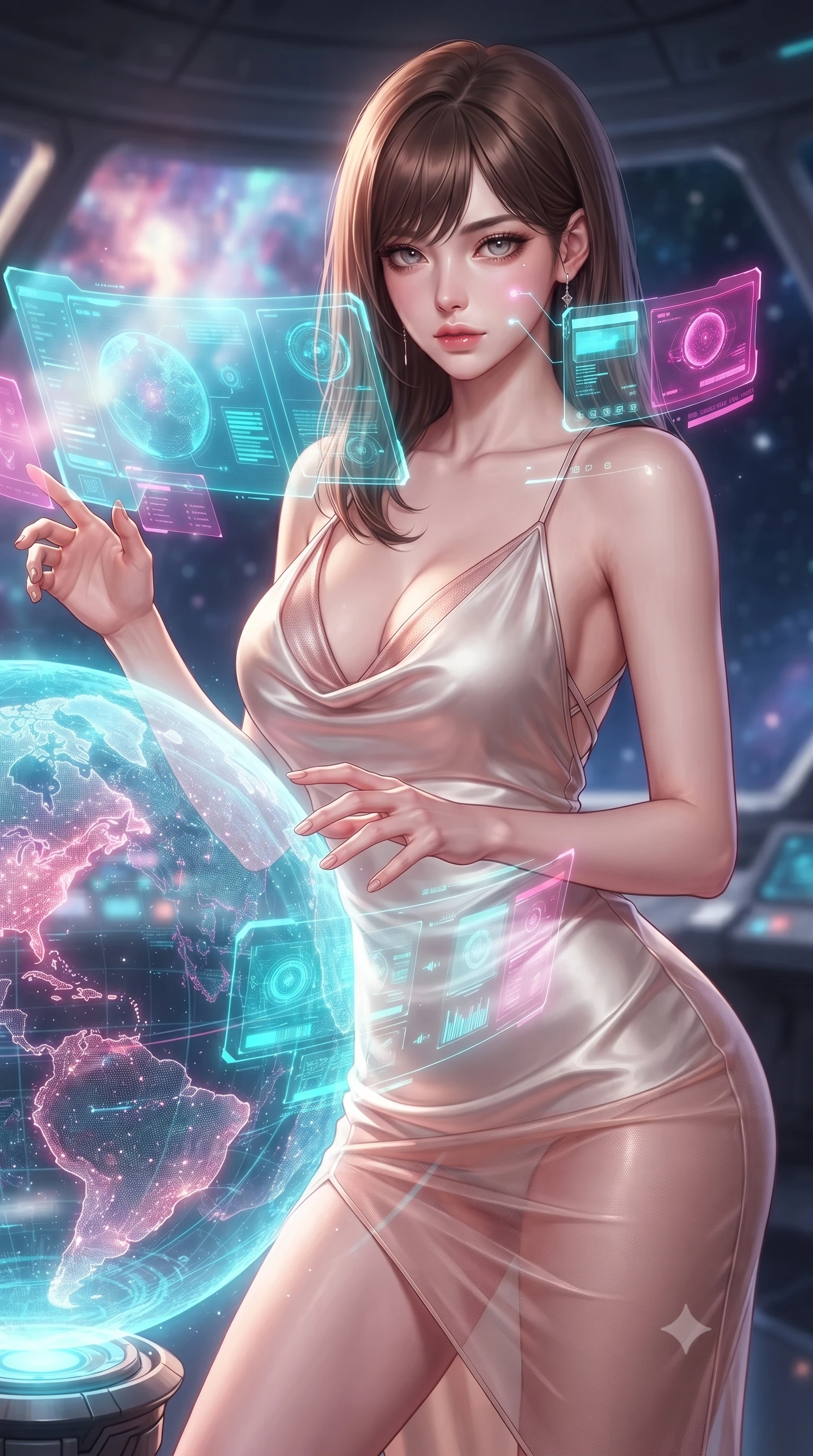 score_9, masterpiece, best quality, ultra-detailed, high-budget anime keyframe, editorial fashion photography, tasteful artistic composition, Korean woman. close-up cowboy shot from the waist and thighs up, the character dominates the composition, filling the frame with her large presence, background elements kept in soft focus. Leaning slightly forward with a composed, seductive gaze under soft glowing light interacting with a giant glowing holographic globe of a cybernetic planet, translucent cyan and magenta holographic panels hovering seamlessly. She has an exceptionally elegant, slender, and willowy female figure with an ultra-slim waist, a gracefully sculpted slender torso, and a refined silhouette. sharp v-shaped jawline, high-bridge nose, intricate jewel-like eyes with depth, thick eyelashes, glossy lips with a natural sheen. wearing an elegant cowl-neck satin midi dress with a draped neckline in pearl white and rose gold, woven from fine semi-opaque sheer organza, complemented by criss-cross back straps highlighting her bare shoulders, the sleek second-skin texture accentuating her magnetic presence. illuminated by radiant cosmic nebula light and glowing holographic displays. highly saturated vibrant anime colors, detailed shading with soft gradients, rich glossy textures, high-contrast stereoscopic depth, volumetric dynamic lighting, master piece, 9:16 ratio