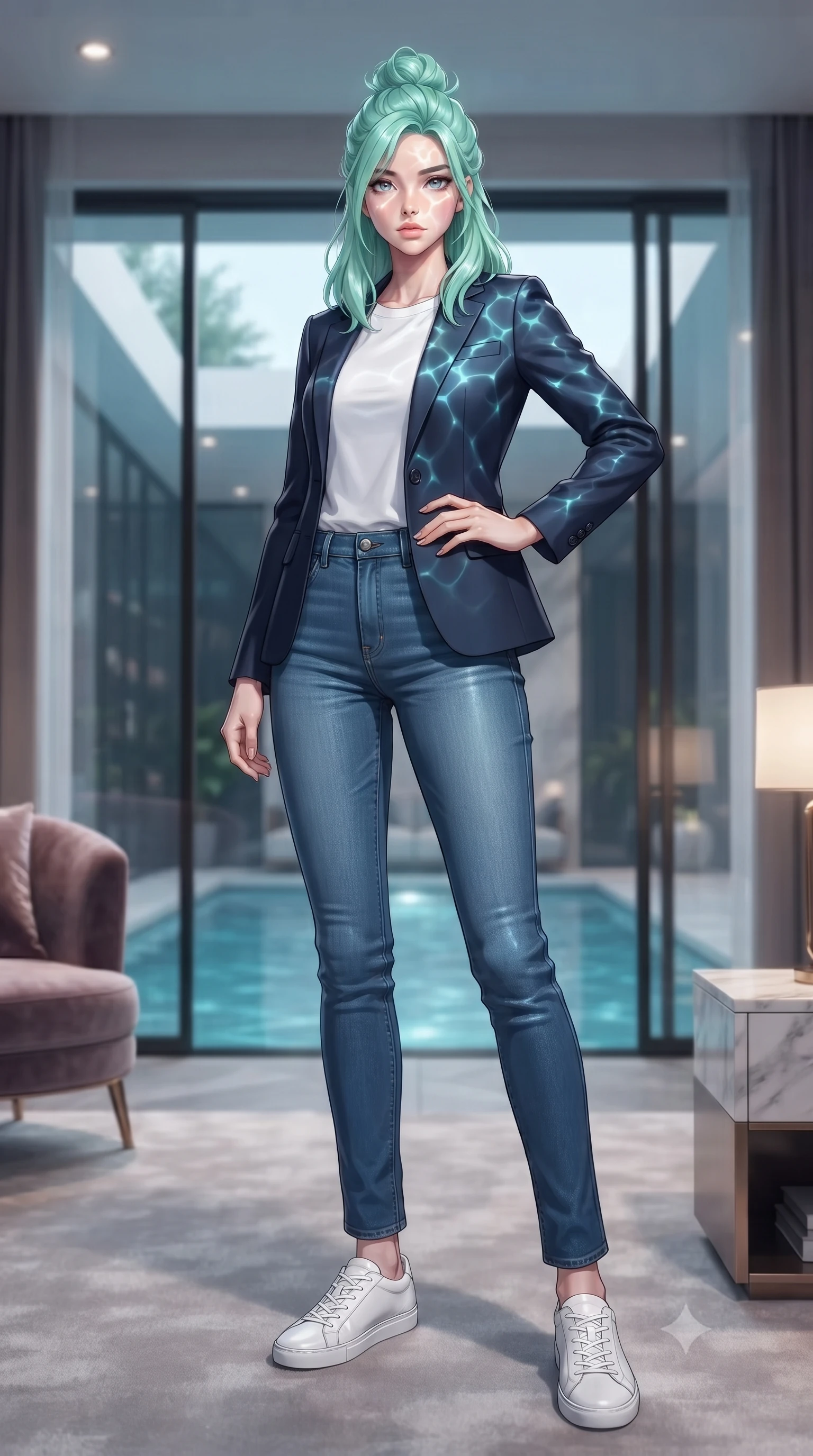 score_9, masterpiece, best quality, ultra-detailed, high-budget anime keyframe, editorial fashion photography, tasteful artistic composition, Japanese woman woman. low angle full-body shot from head to toe showing her feet, filling the entire 9:16 vertical frame with her statuesque presence, stretching her vertical silhouette. posing confidently with one hand on her hip, stretching her statuesque body to emphasize her curves the background shows a soft-focus a luxury villa bedroom with glass walls looking directly into a quiet private swimming pool. She has an absolutely perfect, statuesque 8.5-heads proportion, an exceptionally tall and slender model-like female figure with impossibly long slender legs and an ultra-slim waist. sharp v-shaped jawline, high-bridge nose, intricate jewel-like eyes with depth, thick eyelashes, glossy lips with a natural sheen. wearing a slim-fit classic navy blue blazer over a white crewneck shirt and straight-leg blue jeans. shifting aqua light reflections from the pool water mapping across her features. ultra-reflective glossy finish, specular highlights, metallic sheen, high-contrast stereoscopic depth, volumetric dynamic lighting, 2k, ultra detail, master piece, 9:16 ratio