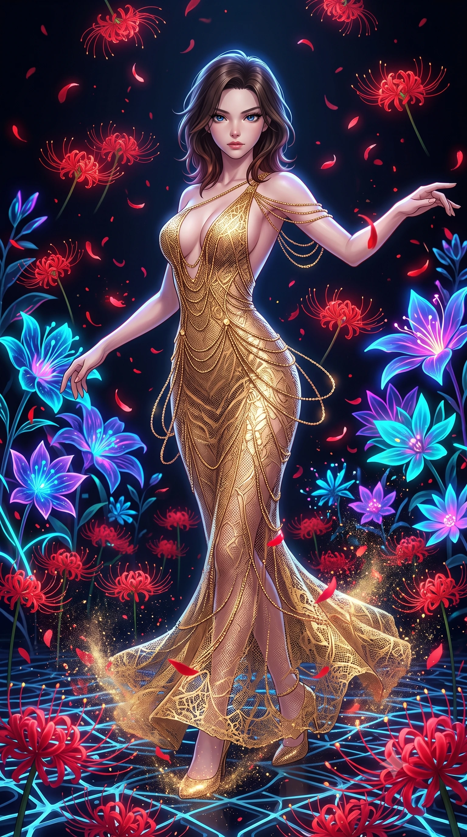 score_9, masterpiece, best quality, ultra-detailed, High-budget Anime Keyframe, East Asian woman. Low angle cowboy shot filling the entire 9:16 frame with her statuesque presence. Scenario 268: dancing amidst falling red spider lilies inside a virtual garden where neon flowers bloom in the dark. Her presence is magnetic and overpowering in this high-budget anime scene. Outfit 268: a body-hugging micro-mesh lace gold with a low-cut shoulder and fine gold chains. The clothing is designed to emphasize her exceptionally tall and slender 8-heads proportion. 8-heads proportion, towering silhouette, ultra-slim waist. sharp v-shaped jawline, intricate jewel-like eyes with depth, thick eyelashes, glossy lips. 2k, ultra detail, master piece, 9:16 ratio