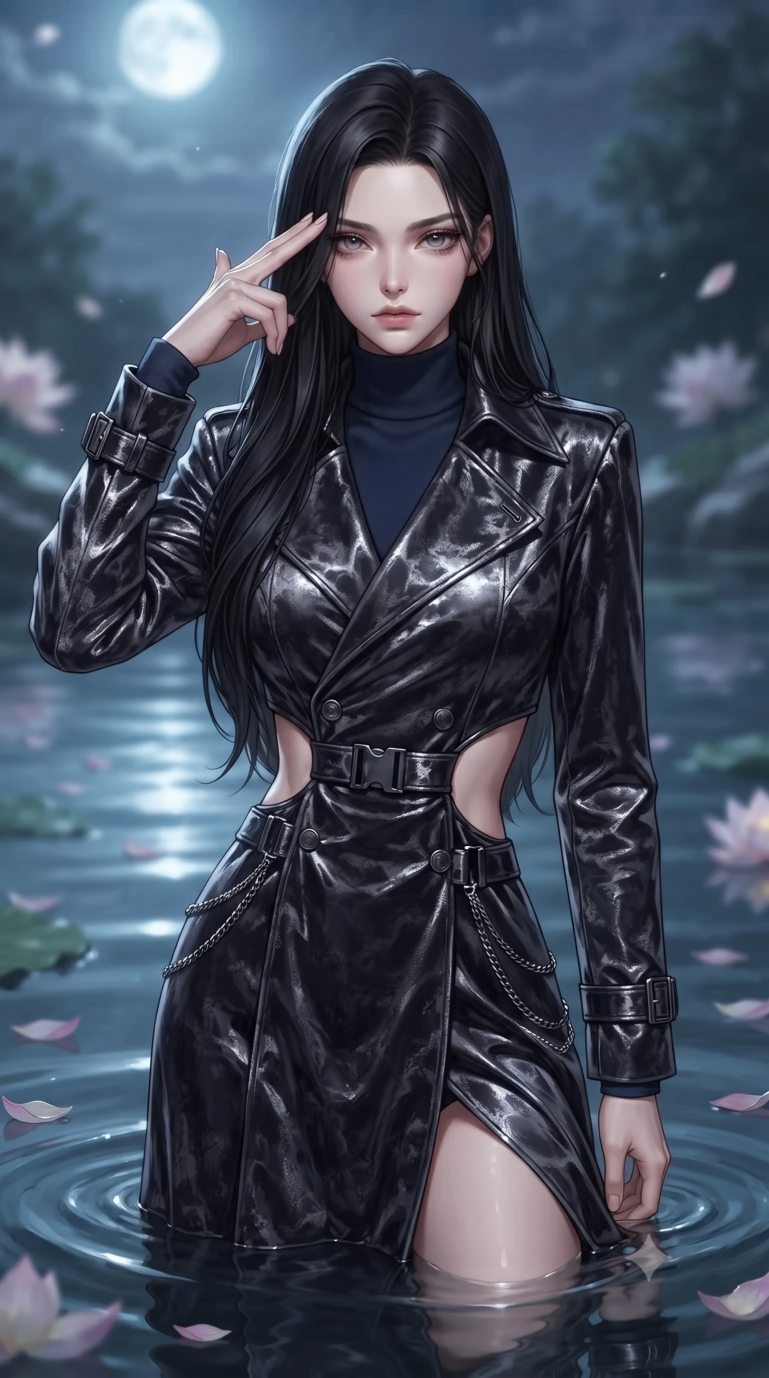 score_9, masterpiece, best quality, ultra-detailed, high-budget anime keyframe, editorial fashion photography, tasteful artistic composition, Korean woman. close-up cowboy shot from the waist and thighs up, the character dominates the composition, filling the frame with her large presence, background elements kept in soft focus. Pressing two fingers to her temple in a composed, sharp thoughtful gesture, immersed to the waist in a mirror-still pool as lotus petals drift around her, dramatic open-waist cutout gown emphasizing her ultra-slim waist. She has an exceptionally elegant, slender, and willowy female figure with an ultra-slim waist, a gracefully sculpted slender torso, and a refined silhouette. sharp v-shaped jawline, high-bridge nose, intricate jewel-like eyes with depth, thick eyelashes, glossy lips with a natural sheen. wearing structured charcoal trench dress over sleek turtleneck in midnight navy blue, made of crushed dark silk velvet, framed by dark titanium buckles and silver chain details, highlighting her statuesque proportions and ultra-slim waistline. surrounded by a serene moonlit aura with sharp silver rim lights. ultra-reflective glossy finish, specular highlights, metallic sheen, high-contrast stereoscopic depth, volumetric dynamic lighting, 2k, ultra detail, master piece, 9:16 ratio