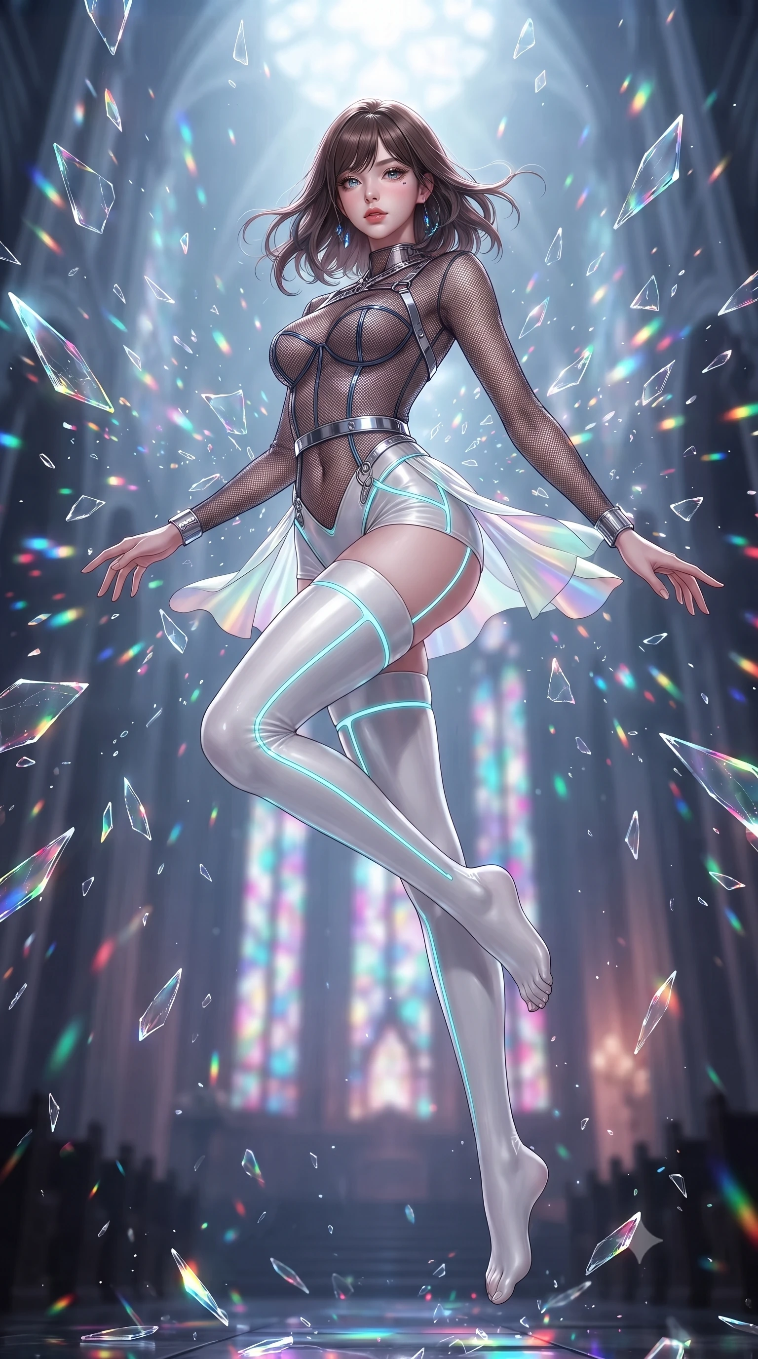 score_9, masterpiece, best quality, ultra-detailed, high-budget anime keyframe, editorial fashion photography, tasteful artistic composition, Korean woman. low angle full-body shot from head to toe showing her feet, filling the entire 9:16 vertical frame with her statuesque presence, stretching her vertical silhouette. pivoting dynamically in mid-motion with a breathtakingly alluring posture, displaying her flawless model proportions and ultra-slim waist while leaping through shattered stained glass of a neon-lit futuristic cathedral amidst a rain of glowing shards. The composition keeps background elements in soft focus with creamy bokeh. shattered glass shards scattering multi-colored light motes across a soft backdrop. She has an absolutely perfect, statuesque 8.5-heads proportion, an exceptionally tall and slender model-like female figure with impossibly long slender legs and an ultra-slim waist. sharp v-shaped jawline, high-bridge nose, intricate jewel-like eyes with depth, thick eyelashes, glossy lips with a natural sheen, flawlessly proportioned anatomical accuracy, natural body alignment, perfectly sculpted elegant limbs, clean dynamic posture without body distortion. wearing a delicate see-through dark mesh top with structured cup boning, paired with high-cut micro-shorts and thigh-high stockings in pure snow white latex and glowing cyan circuit seams, made of smooth iridescent silk chiffon that shifts colors with movement, reinforced by a sleek metallic chrome harness and delicate glowing micro-straps, the glove-like fit tightly following every curve of her statuesque athletic build. surrounded by an awe-inspiring, ethereal, and breathtakingly dramatic cathedral atmosphere. ultra-reflective glossy finish, specular highlights, metallic sheen, high-contrast stereoscopic depth, volumetric dynamic lighting, 2k, ultra detail, master piece, 9:16 ratio