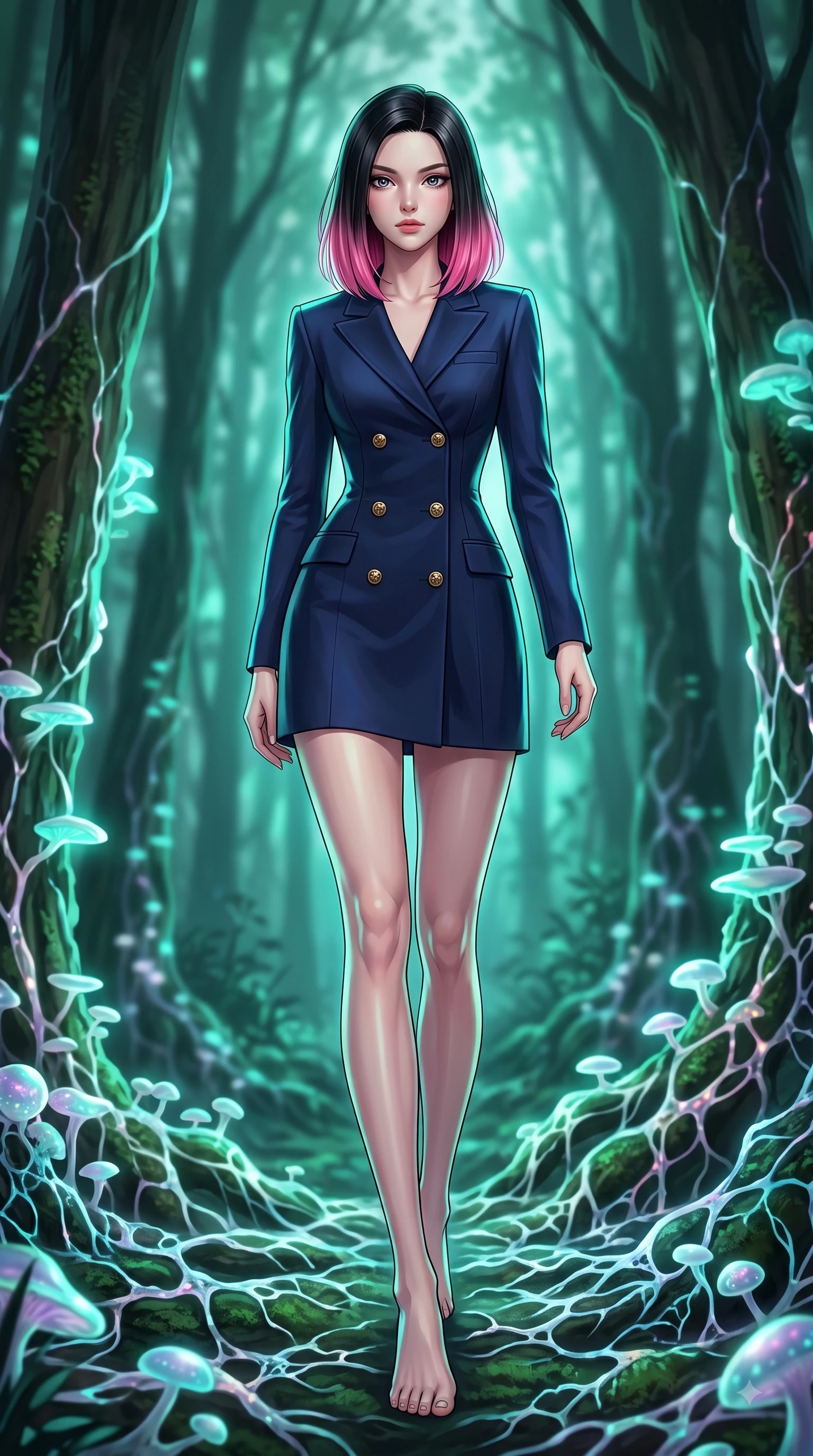 score_9, masterpiece, best quality, ultra-detailed, high-budget anime keyframe, editorial fashion photography, tasteful artistic composition, Korean woman woman. low angle full-body shot from head to toe showing her feet, filling the entire 9:16 vertical frame with her statuesque presence, stretching her vertical silhouette. She has an absolutely perfect, statuesque 8.5-heads proportion, an exceptionally tall and slender model-like female figure with impossibly long slender legs and an ultra-slim waist. stepping gracefully forward in a proud statuesque stride, her body turning in a fluid S-curve silhouette, flawlessly proportioned anatomical accuracy, natural body alignment, perfectly sculpted elegant limbs, clean dynamic posture without body distortion. set against a soft-focus background of an ancient rainforest with pulsing opal fungal mycelium networks. wearing a sophisticated navy double-breasted blazer dress with gold button accents. bathed in cool emerald and cyan bioluminescent organic glow wrapping her silhouette. highly saturated vibrant anime colors, detailed shading with soft gradients, rich glossy textures, high-contrast stereoscopic depth, volumetric dynamic lighting, master piece, 9:16 ratio