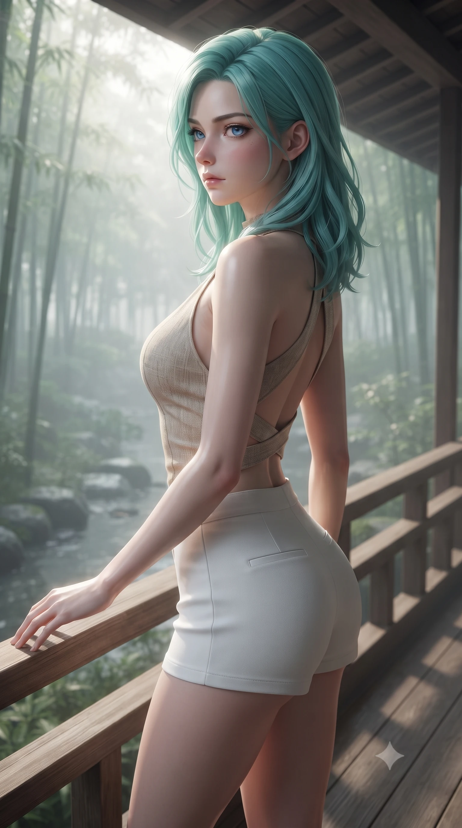 score_9, masterpiece, best quality, ultra-detailed, high-budget anime keyframe, editorial fashion photography, tasteful artistic composition, Japanese woman woman. close-up cowboy shot from the waist and thighs up, the character dominates the composition, filling the frame with her large presence, background elements kept in soft focus. turning her face in sharp profile, casting a cold, mysterious, yet intensely alluring side gaze, the background shows a soft-focus a wooden deck of a traditional Japanese inn overlooking a quiet stream and bamboo grove. She has an exceptionally elegant, slender, and willowy female figure with an ultra-slim waist, a gracefully sculpted slender torso, and a refined silhouette. sharp v-shaped jawline, high-bridge nose, intricate jewel-like eyes with depth, thick eyelashes, glossy lips with a natural sheen. wearing a form-contouring stylish linen halter top with an open-back design, paired with white micro-shorts. soft morning mist diffusing the sunlight, creating a tranquil atmosphere. ultra-reflective glossy finish, specular highlights, metallic sheen, high-contrast stereoscopic depth, volumetric dynamic lighting, 2k, ultra detail, master piece, 9:16 ratio