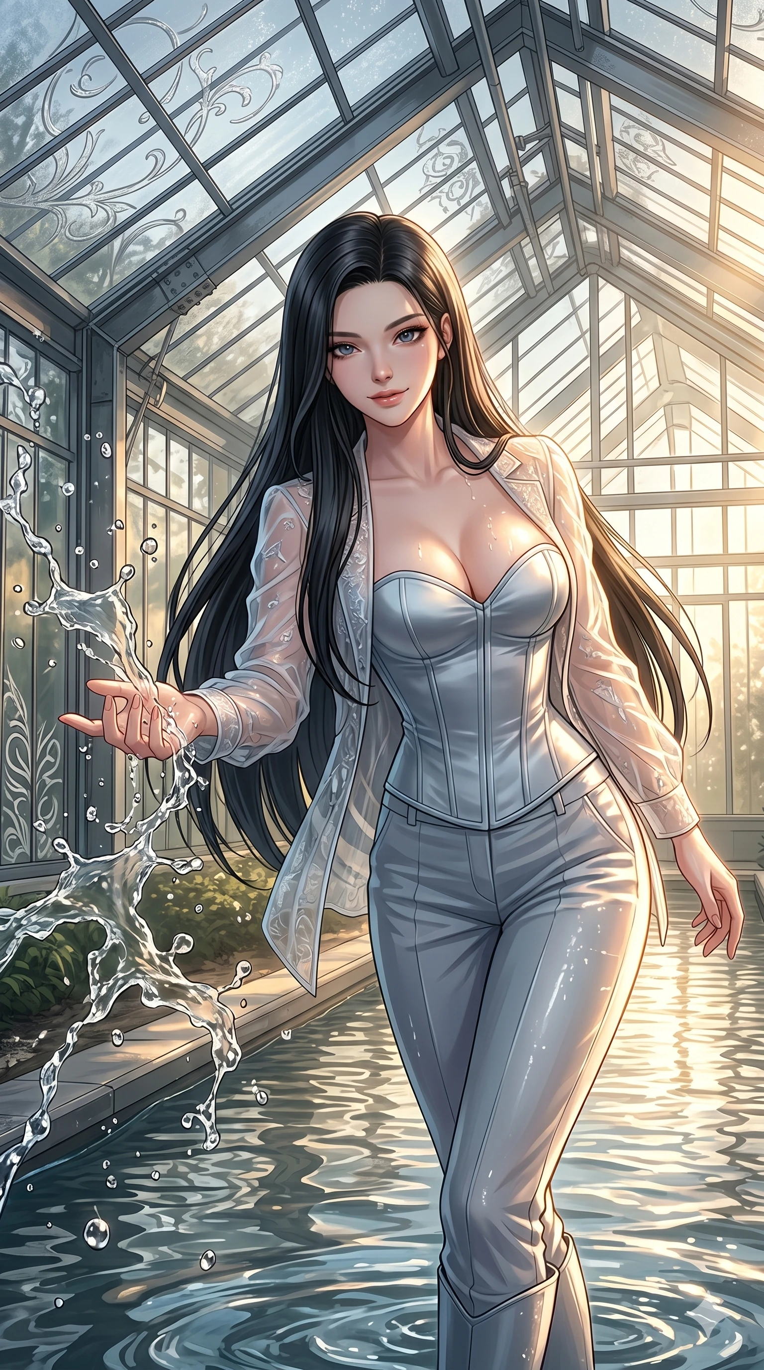 score_9, masterpiece, best quality, ultra-detailed, high-budget anime keyframe, editorial fashion photography, tasteful artistic composition, Korean woman. cowboy shot from the thighs up, character and outfit filling the frame for maximum editorial presence. reaching a hand toward a water splash, looking at the camera with a mystical smile inside a high-ceilinged greenhouse with silver patterns on the glass (Code-P19-191). She has an absolutely perfect 8-heads proportion, an exceptionally tall and slender female figure with impossibly long slender legs and an ultra-slim waist. V-shaped jawline, high-bridge nose, intricate jewel-like eyes with depth, thick eyelashes, glossy lips with a natural sheen. wearing a structured satin corset showing her cleavage and a sheer jacket. drenched in warm morning sunbeams reflecting off the valley stream ripples, tracing her athletic contours. 2k, ultra detail, master piece, 9:16 ratio
