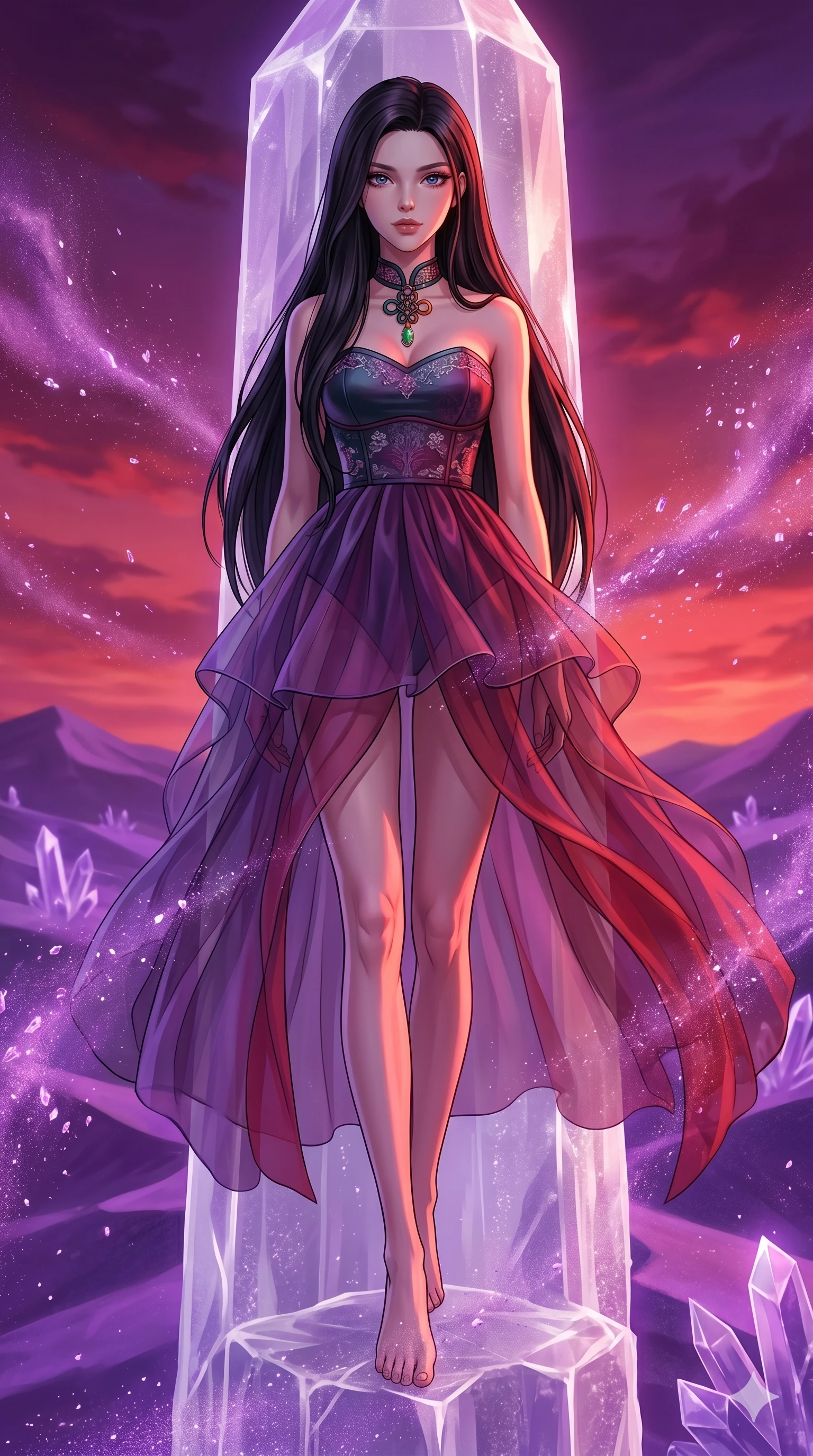 score_9, masterpiece, best quality, ultra-detailed, high-budget anime keyframe, Caucasian woman, strictly human ears. low angle full-body shot filling the entire 9:16 frame with her statuesque presence, stretching the vertical silhouette. standing atop a transparent salt crystal tower in a purple crystalline desert as winds blow shimmering purple dust under a crimson sunset. She has an absolutely perfect 8-heads proportion, an exceptionally tall and slender female figure with impossibly long slender legs and an ultra-slim waist. V-shaped jawline, high-bridge nose, intricate jewel-like eyes with depth, thick eyelashes, glossy lips with a natural sheen.. wearing a modern fusion silk hanbok dress, featuring a silk bustier top, layered sheer organza skirts, and a traditional knot choker. accented by dynamic color-blocked lighting with high-contrast shadows emphasizing her statuesque height. 2k, ultra detail, master piece, 9:16 ratio