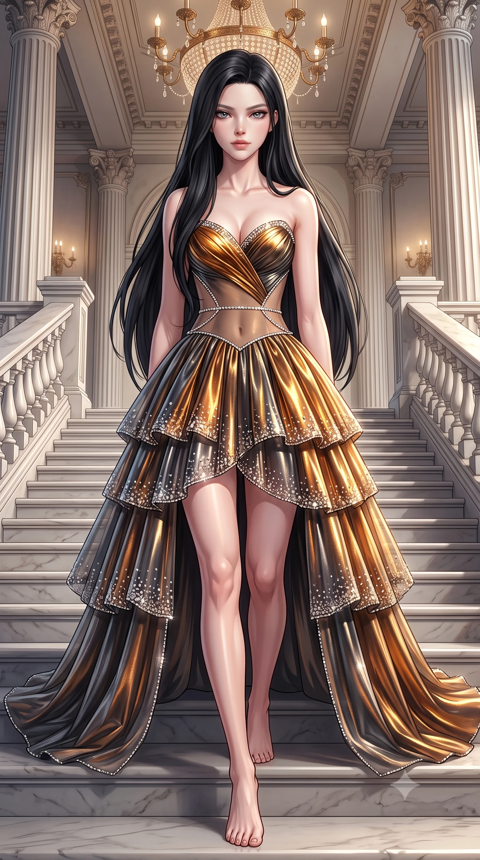 score_9, masterpiece, best quality, ultra-detailed, high-budget anime keyframe, semi-realistic 3D game render, editorial fashion photography, tasteful artistic composition, Korean woman. low angle full-body shot from head to toe showing her feet, filling the entire 9:16 vertical frame with her statuesque presence, stretching her vertical silhouette. stepping forward gracefully in mid-motion, displaying her toned flat midriff and flawlessly sculpted slender limbs while descending a sweeping imperial marble staircase with regal supermodel grace and fluid momentum. The surrounding environment is rendered in vivid detail and crisp panoramic clarity. detailed neoclassical column fluting, palace ceiling chandeliers, and satin dress textures in high clarity. She has an absolutely perfect, statuesque 8.5-heads proportion, an exceptionally tall and slender model-like female figure with impossibly long slender legs, a toned flat midriff, and an ultra-slim waist. sharp v-shaped jawline, high-bridge nose, intricate jewel-like eyes with depth, thick eyelashes, glossy lips with a natural sheen, captivating and magnetic expression, flawlessly proportioned anatomical accuracy, strict slender model proportions, natural body alignment, perfectly sculpted long slender limbs, ultra-slim waistline, clean dynamic posture without body distortion. wearing a tiered crystal-embellished tulle ballgown with an exposed clavicle neckline and sweetheart bustier in molten amber-gold and dark gunmetal, crafted from luxurious metallic lamé that shifts radiance with every step, accented with a dainty diamond waist chain framing her slender silhouette, the sleek tailored cut tightly hugging her graceful clavicle, narrow waist, and feminine curves with statuesque precision. illuminated by crisp specular highlights tracing her sculpted flat midriff, collarbones, and long legs. highly saturated vibrant anime colors, detailed shading with soft gradients, rich glossy textures, high-contrast stereoscopic depth, volumetric dynamic lighting, master piece, 9:16 ratio