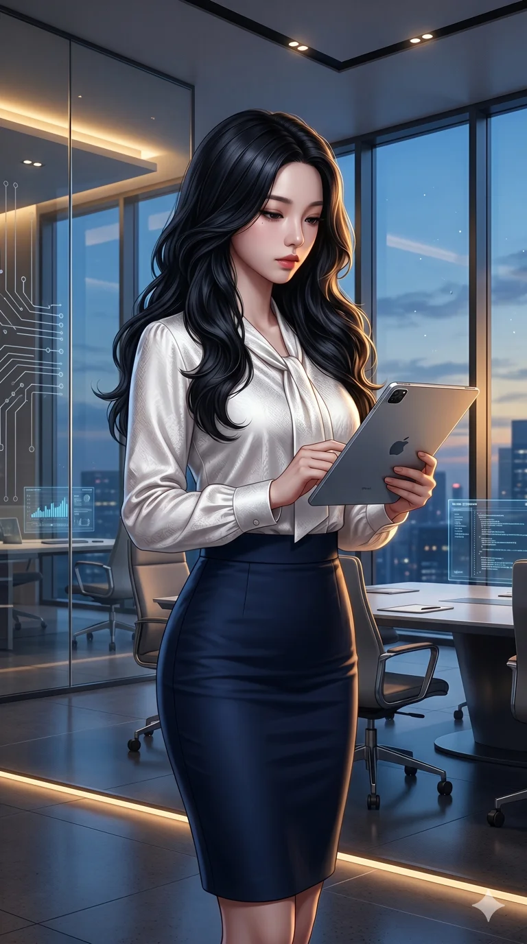 score_9, score_8_up, score_7_up, source_anime, masterpiece, best quality, ultra-detailed, same character with long black hair, wearing a professional tight navy pencil skirt and white silk blouse, holding a tablet in a high-tech corporate office, dusk lighting, 2k, ultra detail, master piece, 9:16 ratio