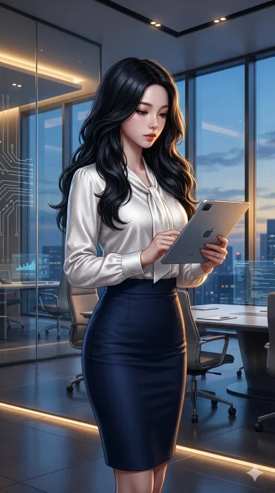 score_9, score_8_up, score_7_up, source_anime, masterpiece, best quality, ultra-detailed, same character with long black hair, wearing a professional tight navy pencil skirt and white silk blouse, holding a tablet in a high-tech corporate office, dus