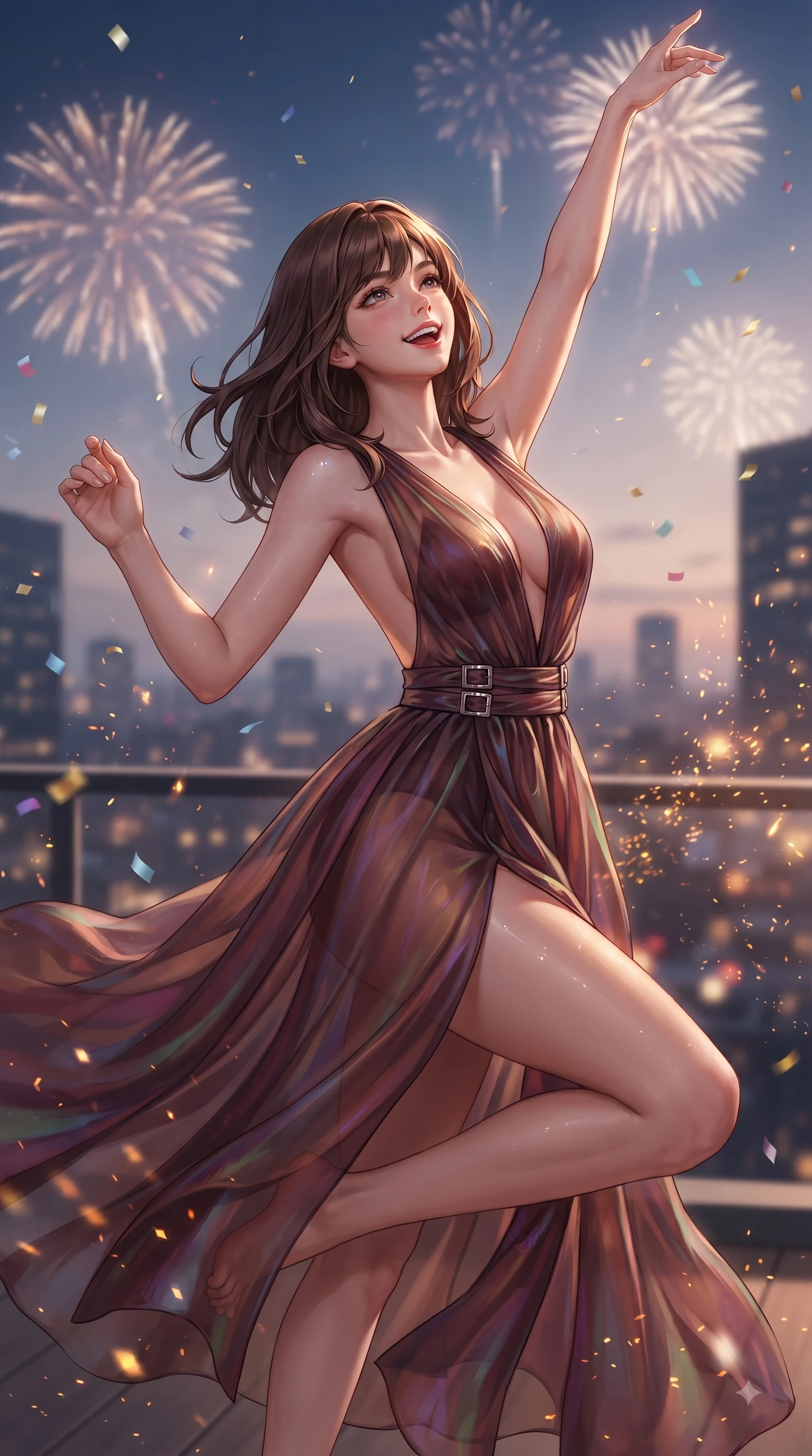 score_9, masterpiece, best quality, ultra-detailed, high-budget anime keyframe, editorial fashion photography, tasteful artistic composition, Korean woman. close-up cowboy shot from the waist and thighs up, the character dominates the composition, filling the frame with her large presence, background elements kept in soft focus. Extending one arm in an elegant stretch toward the sun while smiling with vibrant, magnetic self-assurance while leaping joyfully on a high-rise penthouse rooftop deck under a sky of festive fireworks, sparkling confetti and golden embers drifting around her dynamic silhouette. She has an exceptionally elegant, slender, and willowy female figure with an ultra-slim waist, a gracefully sculpted slender torso, and a refined silhouette. sharp v-shaped jawline, high-bridge nose, intricate jewel-like eyes with depth, thick eyelashes, glossy lips with a natural sheen, flawlessly proportioned anatomical accuracy, natural body alignment, perfectly sculpted elegant limbs, clean dynamic posture without body distortion. wearing a translucent iridescent chiffon gown with a plunging neckline and open back in deep burgundy and bronze, woven from fine semi-opaque sheer organza, detailed with polished silver buckles along the waistline, the elegant draped fit framing her graceful clavicle and slender torso. surrounded by an electric, joyful party atmosphere with high specular shine. ultra-reflective glossy finish, specular highlights, metallic sheen, high-contrast stereoscopic depth, volumetric dynamic lighting, 2k, ultra detail, master piece, 9:16 ratio