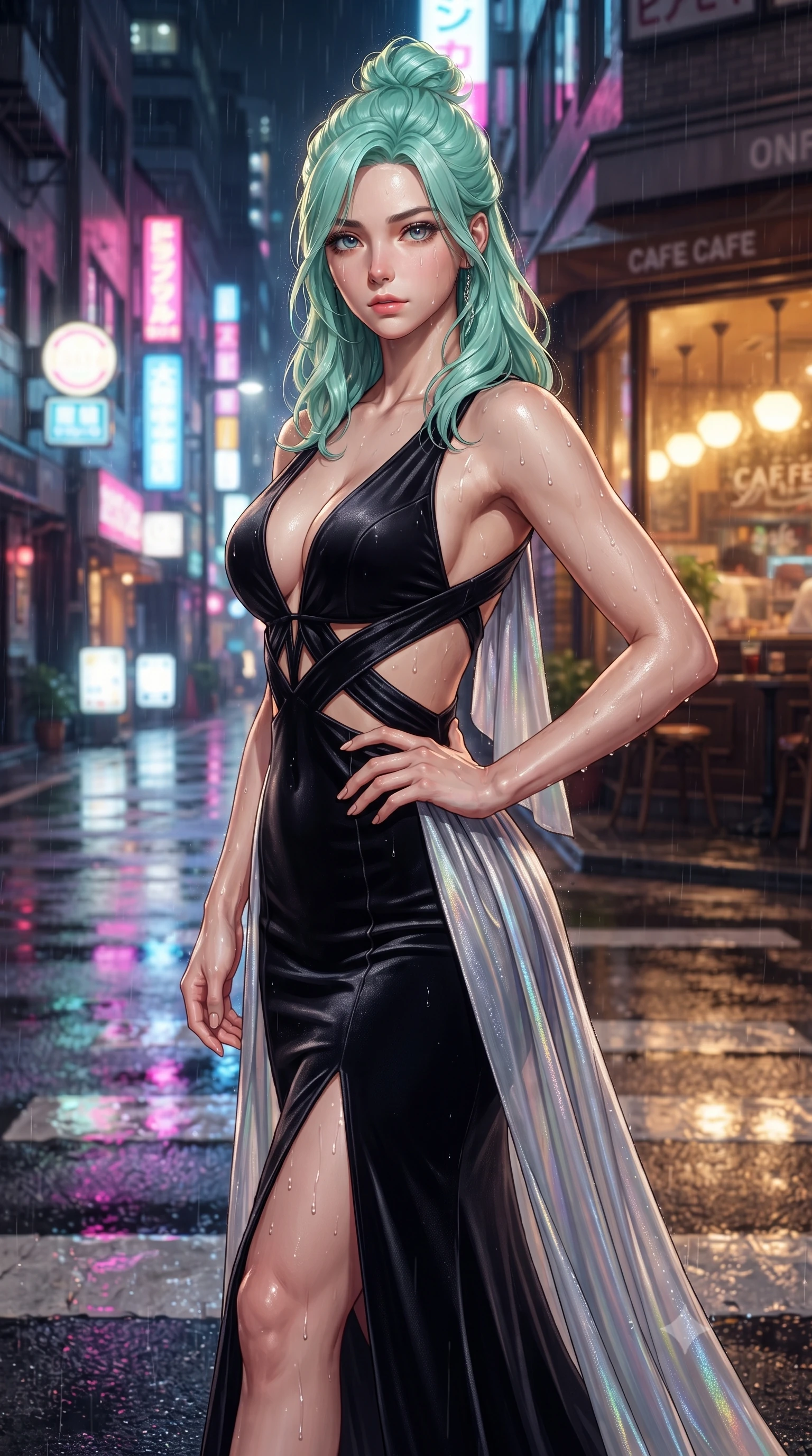 score_9, masterpiece, best quality, ultra-detailed, high-budget anime keyframe, editorial fashion photography, tasteful artistic composition, Japanese woman. close-up cowboy shot from the waist and thighs up, the character dominates the composition, filling the frame with her large presence, background elements kept in soft focus. Holding a confident power pose with one hand on her hip, gazing directly into the camera with quiet intensity walking across a wet asphalt street reflecting multi-color neon city lights, warm indoor cafe glow contrasting beautifully with cool rainy street lighting. She has an exceptionally elegant, slender, and willowy female figure with an ultra-slim waist, a gracefully sculpted slender torso, and a refined silhouette. sharp v-shaped jawline, high-bridge nose, intricate jewel-like eyes with depth, thick eyelashes, glossy lips with a natural sheen. wearing a translucent iridescent chiffon gown with a plunging neckline and open back in matte black and polished silver, made of premium stretch velvet with a rich sheen, featuring subtle geometric cutouts that highlight her ultra-slim midriff, the form-contouring material highlighting her ultra-slim waist and long lines. surrounded by a vibrant, atmospheric city glow with glistening raindrops. highly saturated vibrant anime colors, detailed shading with soft gradients, rich glossy textures, high-contrast stereoscopic depth, volumetric dynamic lighting, master piece, 9:16 ratio