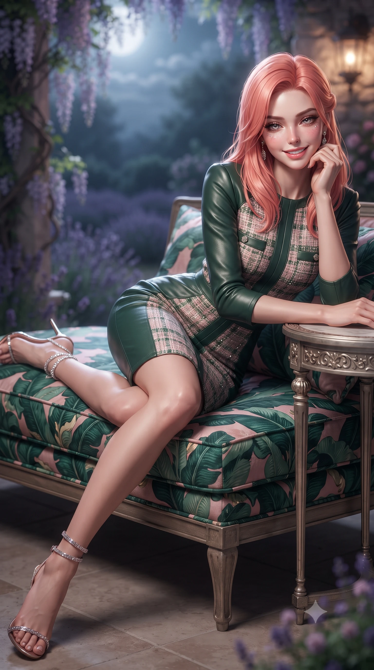 score_9, masterpiece, best quality, ultra-detailed, high-budget anime keyframe, editorial fashion photography, tasteful artistic composition, Japanese woman. close-up cowboy shot from the waist and thighs up, the character dominates the composition, filling the frame with her large presence. resting one elbow on the table and supporting her chin, leaning close to the camera with heavy-lidded sparkling eyes and parted lips while reclining gracefully across the plush daybed with legs extended, flashing an enchanting, flirtatious smile toward the lens. The background shows a soft-focus wisteria vines softened in romantic Provençal midnight shallow focus. She has an exceptionally elegant, slender, and willowy female figure with an ultra-slim waist, flat toned midriff, narrow ribcage, and sculpted feminine hips creating an alluring, slim hourglass silhouette without bulk. sharp v-shaped jawline, high-bridge nose, intricate jewel-like sparkling eyes with depth, thick eyelashes, glossy parted lips with a natural peach sheen, bright cheerful beaming smile with an enchanting and coquettish sensual glint, exuding both youthful cute charm and seductive allure, flawlessly proportioned anatomical accuracy, strict slender model proportions, natural body alignment, perfectly sculpted long slender limbs, ultra-slim waistline, clean dynamic posture without body distortion. wearing an ultra-sleek stretch lambskin leather sheath dress accentuating her slim waistline in Beverly Hills vintage banana-leaf emerald and blush pink, woven from structured British tweed with subtle metallic flecks, complemented by strappy stiletto sandals with crystal ankle wraps accentuating her slender calves, the second-skin tailored fabric adhering flawlessly to her sculpted flat midriff and slender torso, emphasizing her long leg lines and perfectly proportioned willowy build. bathed in ethereal silver 4500K moonlight illuminating the lavender valley combined with warm 2400K stone wall lanterns. ultra-reflective glossy finish, specular highlights, rich textural contrasts, high-contrast stereoscopic depth, volumetric dynamic lighting, 2k, ultra detail, master piece, 9:16 ratio