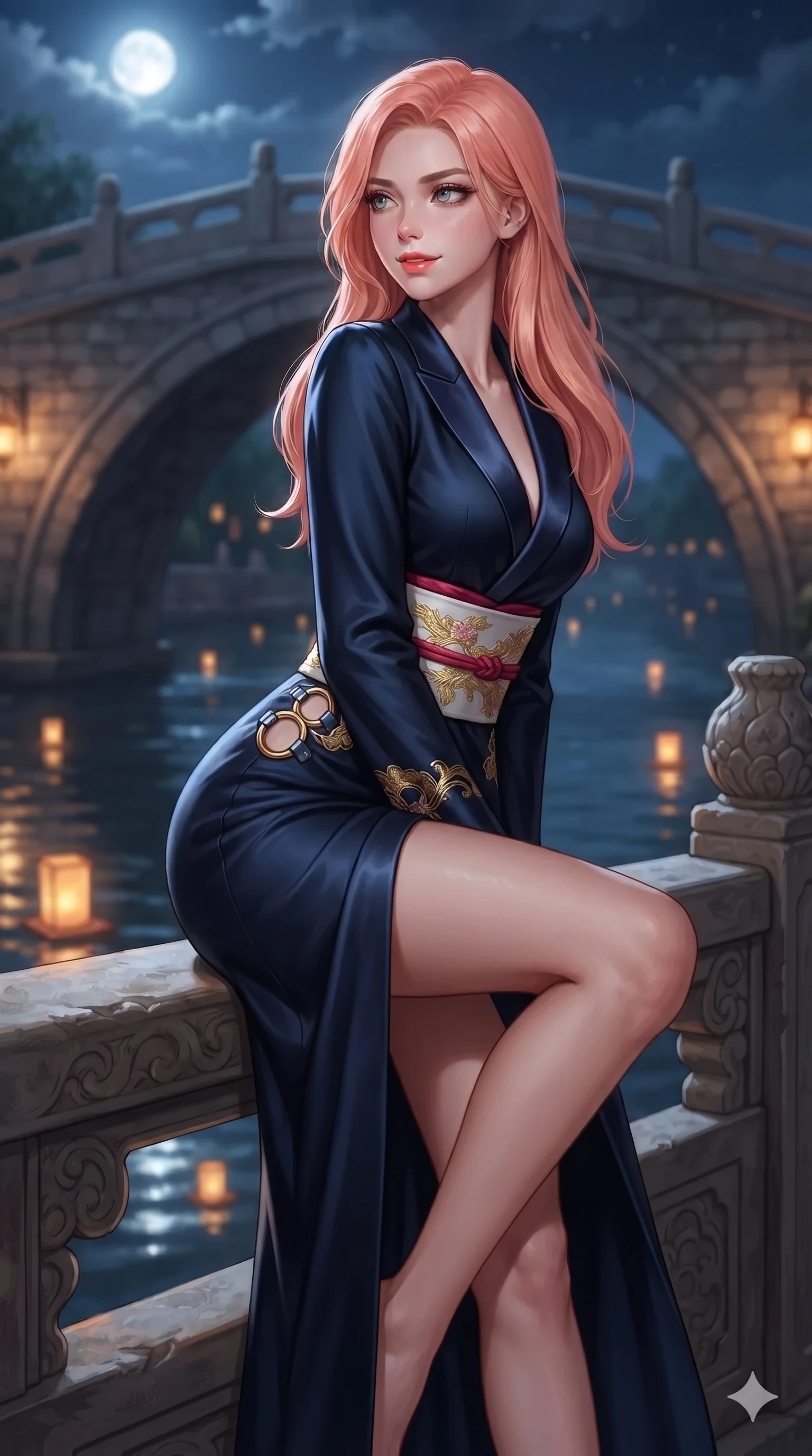 score_9, masterpiece, best quality, ultra-detailed, high-budget anime keyframe, editorial fashion photography, tasteful artistic composition, Japanese woman. close-up cowboy shot from the waist and thighs up, the character dominates the composition, filling the frame with her large presence. twisting her slender torso in a deep contrapposto stance, hips dramatically shifted to accentuate her feminine curves while looking past her shoulder with smoldering bedroom-eyes while perched sideways on the stone bridge balustrade with one knee drawn up to showcase her slender leg line while her arched back accentuates her curves. The background shows a soft-focus historic arched stone bridge softened in idyllic nocturnal river shallow focus. She has an exceptionally elegant, slender, and willowy female figure with an ultra-slim waist, flat toned midriff, narrow ribcage, and sculpted feminine hips creating an alluring, slim hourglass silhouette without bulk. sharp v-shaped jawline, high-bridge nose, sparkling eyes with hypnotic seductive depth, thick curled eyelashes, glossy parted lips with a natural dewy peach sheen, alluring bedroom-eyes with an enchanting coquettish smile, exuding magnetic siren charisma and sophisticated glamour, flawlessly proportioned anatomical accuracy, strict slender model proportions, natural body alignment, perfectly sculpted long slender limbs, ultra-slim waistline, clean dynamic posture without body distortion. wearing a structured midnight blue silk after-hours durumagi long robe dress with satin lapels and a gold-embroidered obi sash in pure snow white and vivid cherry blossom crimson, tailored from heavy double-faced silk faille with an exceptionally fluid drape, accented with sculptural chrome hardware rings framing the subtle cutouts, the impeccably tailored cut draping gracefully along her slender figure with aristocratic eastern poise. bathed in radiant celestial moonlight combined with floating candle lantern glows from the stream. ultra-reflective glossy finish, specular highlights, rich textural contrasts, high-contrast stereoscopic depth, volumetric dynamic lighting, 2k, ultra detail, master piece, 9:16 ratio