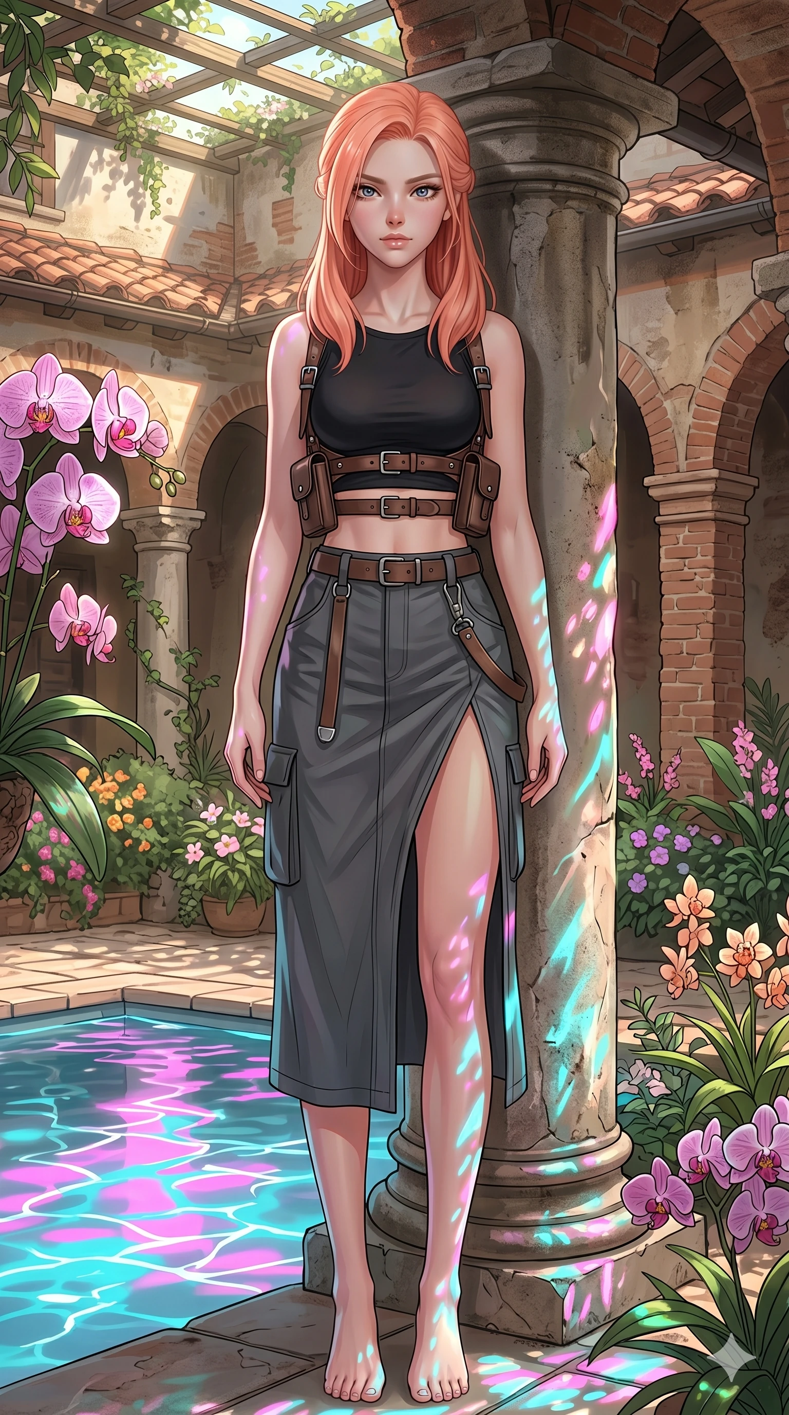 score_9, masterpiece, best quality, ultra-detailed, high-budget anime keyframe, editorial fashion photography, tasteful artistic composition, Japanese woman. cowboy shot from the thighs up, character and outfit filling the frame for maximum editorial presence. standing among tropical orchids, looking at the viewer with an air of superiority leaning against a stone pillar in a quiet courtyard of a Tuscan villa (Code-P17-102). She has an absolutely perfect 8-heads proportion, an exceptionally tall and slender female figure with impossibly long slender legs and an ultra-slim waist. V-shaped jawline, high-bridge nose, intricate jewel-like eyes with depth, thick eyelashes, glossy lips with a natural sheen. wearing a leather harness over a crop top and high-slit skirt. neon pink and cyan reflections from the pool water casting shimmering light patterns. 2k, ultra detail, master piece, 9:16 ratio