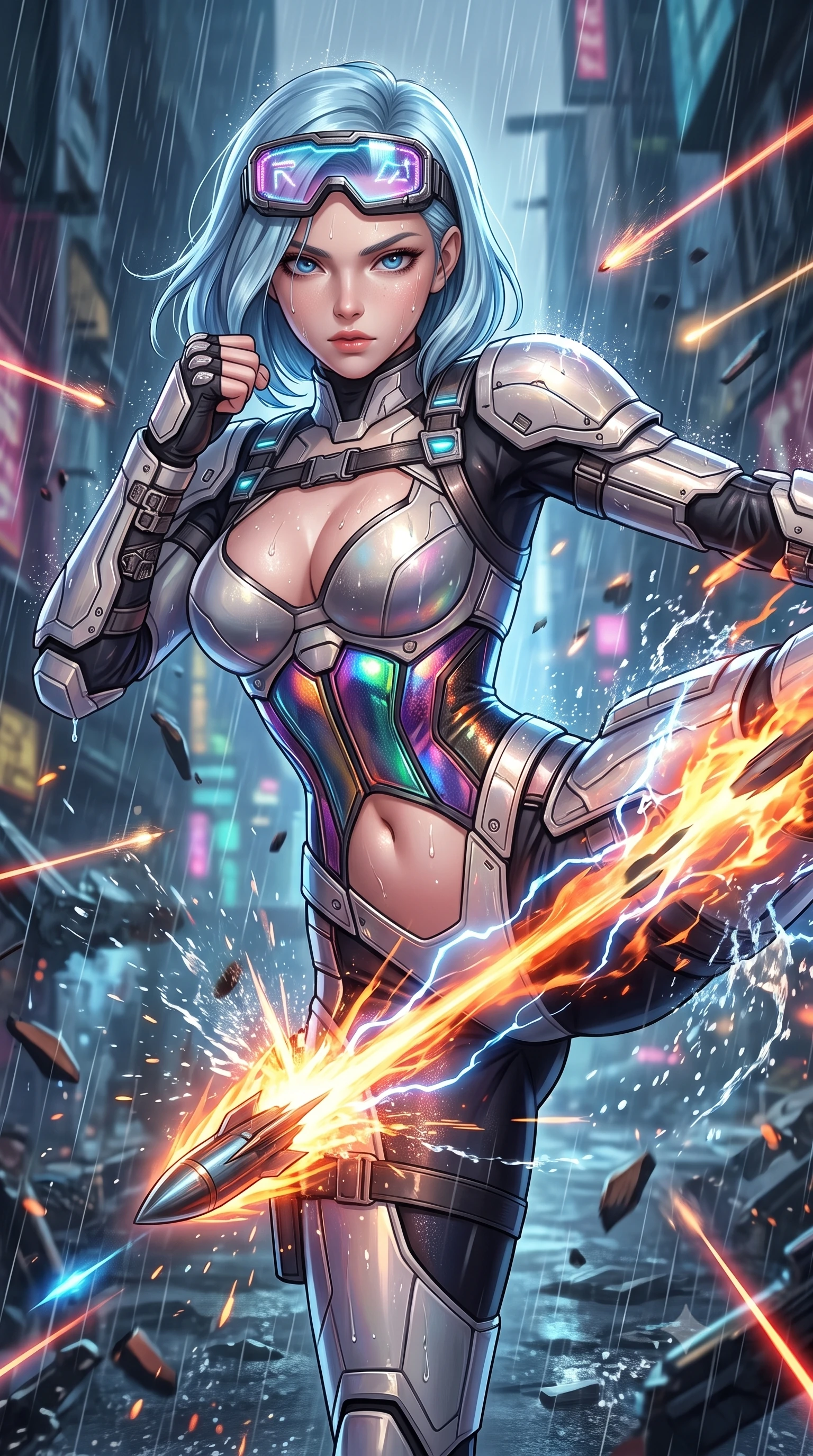 score_9, masterpiece, best quality, ultra-detailed, high-budget anime keyframe, semi-realistic 3D game render, editorial fashion photography, tasteful artistic composition, Korean woman. close-up cowboy shot from the waist and thighs up, the character dominates the composition, filling the frame with her large presence. tilting her head slightly with solemn warrior composure, sweat and rain glistening on her sculpted collarbones and high-bridge nose while delivering a sweeping roundhouse kick that deflects an incoming kinetic projectile with thunderous impact. The surrounding environment is rendered in vivid detail and crisp panoramic clarity. intricate forearm vambrace buckles, sweat beads on collarbones, and glowing laser lines in high clarity. She has an exceptionally elegant, slender, and willowy female figure with an ultra-slim waist, a gracefully sculpted slender torso, toned flat midriff, and a refined slim silhouette. sharp v-shaped jawline, high-bridge nose, intricate jewel-like eyes with depth, thick eyelashes, glossy lips with a natural sheen, fierce and resolute heroine expression, flawlessly proportioned anatomical accuracy, strict slender model proportions, natural body alignment, perfectly sculpted long slender limbs, ultra-slim waistline, clean dynamic posture without body distortion. wearing high-tech holographic tactical goggles resting tipped up on her forehead, casting glowing neon runes across her brow without obscuring her features, paired with a statuesque high-fashion cyber-warrior armor suit with platinum bevels, heavy articulated shoulder guards, and an ultra-slim waist-cinching corset in high-gloss iridescent rainbow carbon with scorched titanium plating, made of lightweight aerodynamic carbon-titanium alloy with precision-beveled armor seams, reinforced by a heavy-duty titanium tactical harness and glowing micro-energy status straps, the precision-cut daring openings accentuating her delicate midriff, graceful bare collarbones, and ultra-slim feminine waistline. surrounded by a rebellious, passionate, and fiercely alluring dystopian freedom-fighter aura. rich saturated anime colors with glowing neon highlights, detailed shading with soft gradients, rich glossy textures, high-contrast stereoscopic depth, volumetric dynamic lighting, master piece, 9:16 ratio