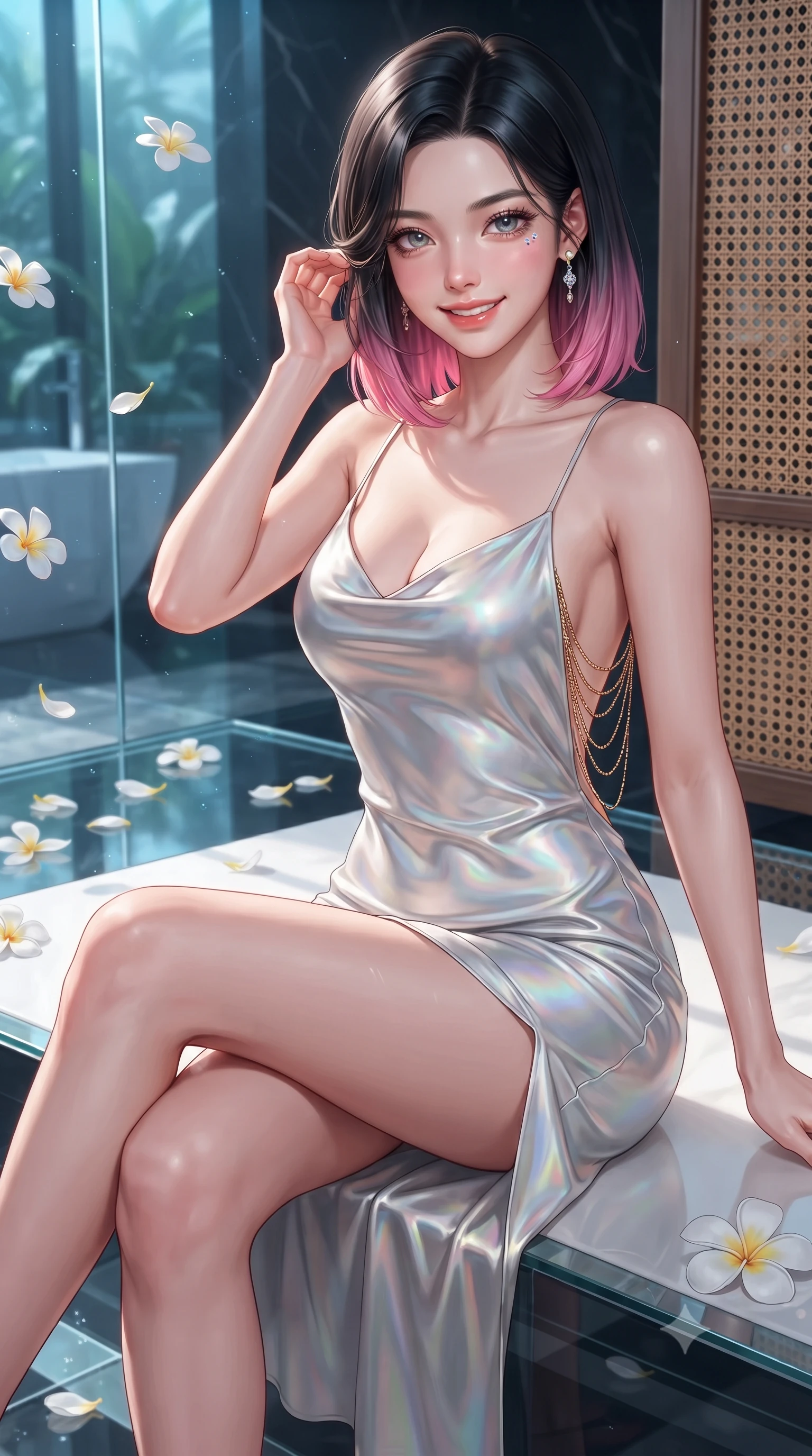 score_9, masterpiece, best quality, ultra-detailed, high-budget anime keyframe, editorial fashion photography, tasteful artistic composition, Korean woman. close-up cowboy shot from the waist and thighs up, the character dominates the composition, filling the frame with her large presence. gently brushing a lock of hair behind her ear while casting a playful, flirtatious side-gaze with long eyelashes while sitting gracefully on the massage platform with legs crossed and angled, flashing a radiant, playful smile with parted glossy lips. The surrounding environment is rendered in vivid detail and crisp panoramic clarity: sharp tempered glass clarity, floating white frangipani flower petals, and hand-woven rattan screen patterns in deep focus. She has an exceptionally elegant, slender, and willowy female figure with an ultra-slim waist, flat toned midriff, narrow ribcage, and sculpted feminine hips creating an alluring, slim hourglass silhouette without bulk. sharp v-shaped jawline, high-bridge nose, intricate jewel-like sparkling eyes with depth, thick eyelashes, glossy parted lips with a natural peach sheen, bright cheerful beaming smile with an enchanting and coquettish sensual glint, exuding both youthful cute charm and seductive allure, flawlessly proportioned anatomical accuracy, strict slender model proportions, natural body alignment, perfectly sculpted long slender limbs, ultra-slim waistline, clean dynamic posture without body distortion. wearing a sculpted liquid satin bias-cut slip dress tailored with contouring seams that adhere flawlessly over her feminine hips in liquid molten silver and iridescent mother-of-pearl, crafted from bespoke double-faced cashmere with an exceptionally soft tactile finish, accented with an open-back drape framed by falling strands of delicate gold chains, the liquid-tight tailored fabric clinging flawlessly to her narrow waist and rounded feminine hips, emphasizing every millimeter of her sculpted slim hourglass curves without any bulky heaviness. illuminated by glass floor reflection bounce and sharp platinum-cyan rim lights defining her dewy collarbones, ultra-slim waist, and curvy hips. ultra-reflective glossy finish, specular highlights, rich textural contrasts, high-contrast stereoscopic depth, volumetric dynamic lighting, 2k, ultra detail, master piece, 9:16 ratio