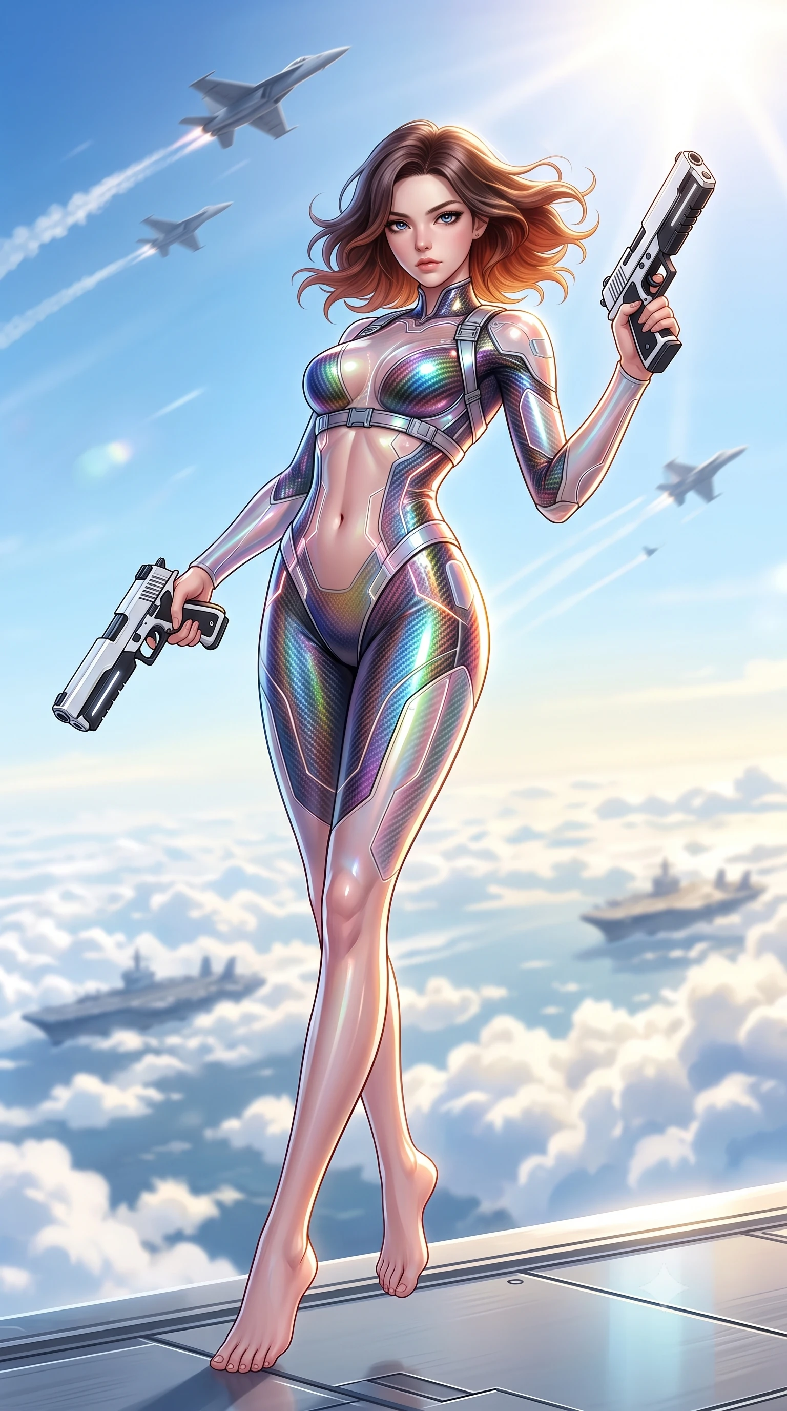 score_9, masterpiece, best quality, ultra-detailed, high-budget anime keyframe, semi-realistic 3D game render, editorial fashion photography, tasteful artistic composition, Korean woman. low angle full-body shot from head to toe showing her feet, filling the entire 9:16 vertical frame with her statuesque presence, stretching her vertical silhouette. performing an alluring mid-air combat landing with flawless poise, looking directly into the camera with regal, deadly intensity while arching her back in fluid poise as supersonic jet fighters streak overhead through brilliant high-altitude sunlight. The composition keeps background elements in soft focus with creamy bokeh. billowing white cloud seas and distant carrier escorts blurred into clean, high-key sky-blue and gold bokeh. She has an absolutely perfect, statuesque 8.5-heads proportion, an exceptionally tall and slender model-like female figure with impossibly long slender legs, a toned flat midriff, and an ultra-slim waist. sharp v-shaped jawline, high-bridge nose, intricate jewel-like eyes with depth, thick eyelashes, glossy lips with a natural sheen, flawlessly proportioned anatomical accuracy, strict slender model proportions, natural body alignment, perfectly sculpted long slender limbs, ultra-slim waistline, clean dynamic posture without body distortion. wearing a high-gloss iridescent rainbow carbon-weave bodysuit with translucent cybernetic panels, brandishing dual sleek chrome particle beam pistols in a dynamic combat stance in monochrome white enamel carbon with high-contrast black panels, crafted from semi-translucent cybernetic carbon-vinyl interwoven with glowing micro-filaments, reinforced by a sleek titanium tactical harness and glowing micro-energy straps, the liquid-tight tailored fabric emphasizing every curve of her tall, slender model proportions and sculptured silhouette during dynamic movement. illuminated by crisp specular highlights tracing her sculpted collarbones, waistline, and long slender legs. rich saturated anime colors with glowing neon highlights, detailed shading with soft gradients, rich glossy textures, high-contrast stereoscopic depth, volumetric dynamic lighting, master piece, 9:16 ratio