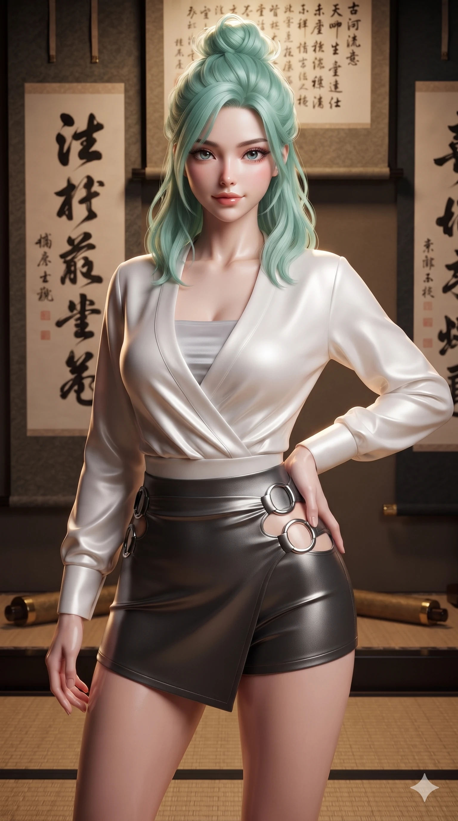 score_9, masterpiece, best quality, ultra-detailed, high-budget anime keyframe, editorial fashion photography, tasteful artistic composition, Japanese woman. close-up cowboy shot from the waist and thighs up, the character dominates the composition, filling the frame with her large presence. tilting her head with a teasing half-smile, running one hand slowly down the side of her hip in a flirtatious S-curve as ambient light caresses her silhouette while standing tall between towering hanging ink calligraphy scrolls, one hand on her hip as she looks into the lens with smoldering intensity. The surrounding environment is rendered in vivid detail and crisp panoramic clarity: sharp ink stroke textures on mulberry paper, woven tatami edge binding, and polished brass scroll weights in deep focus. She has an exceptionally elegant, slender, and willowy female figure with an ultra-slim waist, flat toned midriff, narrow ribcage, and sculpted feminine hips creating an alluring, slim hourglass silhouette without bulk. sharp v-shaped jawline, high-bridge nose, sparkling eyes with hypnotic seductive depth, thick curled eyelashes, glossy parted lips with a natural dewy peach sheen, alluring bedroom-eyes with an enchanting coquettish smile, exuding magnetic siren charisma and sophisticated glamour, flawlessly proportioned anatomical accuracy, strict slender model proportions, natural body alignment, perfectly sculpted long slender limbs, ultra-slim waistline, clean dynamic posture without body distortion. wearing a deep V-neck wrap jeogori blouse layered over an opaque silk bandeau and high-waisted wrap shorts in celestial pearl white and moonlight platinum, made of liquid dark mercury jersey with seamless sculpting hold and fluid drape, accented with sculptural chrome hardware rings framing the subtle cutouts, the liquid-tight tailored fabric clinging flawlessly to her narrow waist and rounded feminine hips, emphasizing every millimeter of her sculpted slim hourglass curves without any bulky heaviness. illuminated by black lacquer desk bounce and sharp warm-amber rim lights sculpting her razor-sharp jawline, narrow waist, and curvy hips. ultra-reflective glossy finish, specular highlights, rich textural contrasts, high-contrast stereoscopic depth, volumetric dynamic lighting, 2k, ultra detail, master piece, 9:16 ratio