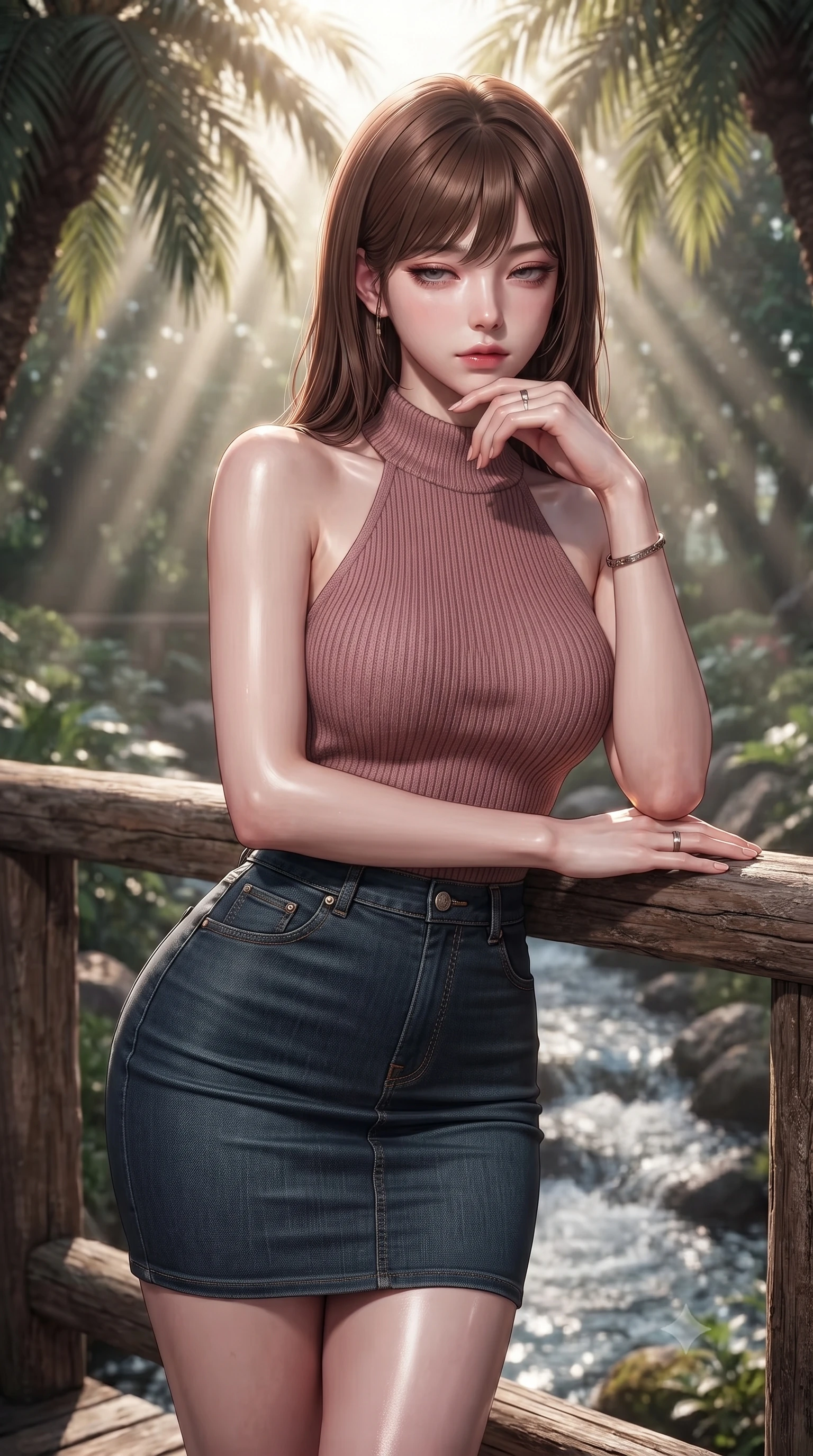 score_9, masterpiece, best quality, ultra-detailed, high-budget anime keyframe, editorial fashion photography, tasteful artistic composition, Korean woman. close-up cowboy shot from the waist and thighs up, the character dominates the composition, filling the frame with her large presence, background elements kept in soft focus. resting her chin on the backs of her fingers, casting a heavy-lidded, sultry look past the camera the background shows a soft-focus a rustic wood bridge over a bubbling creek in a private estate garden. She has an exceptionally elegant, slender, and willowy female figure with an ultra-slim waist, a gracefully sculpted slender torso, and a refined silhouette. sharp v-shaped jawline, high-bridge nose, intricate jewel-like eyes with depth, thick eyelashes, glossy lips with a natural sheen. wearing a tailored form-fitting ribbed knit halter top in dusty rose, paired with a tight-fitting denim skirt. sun rays slicing through the tree fronds, creating dramatic volumetric shafts of light. ultra-reflective glossy finish, specular highlights, metallic sheen, high-contrast stereoscopic depth, volumetric dynamic lighting, 2k, ultra detail, master piece, 9:16 ratio