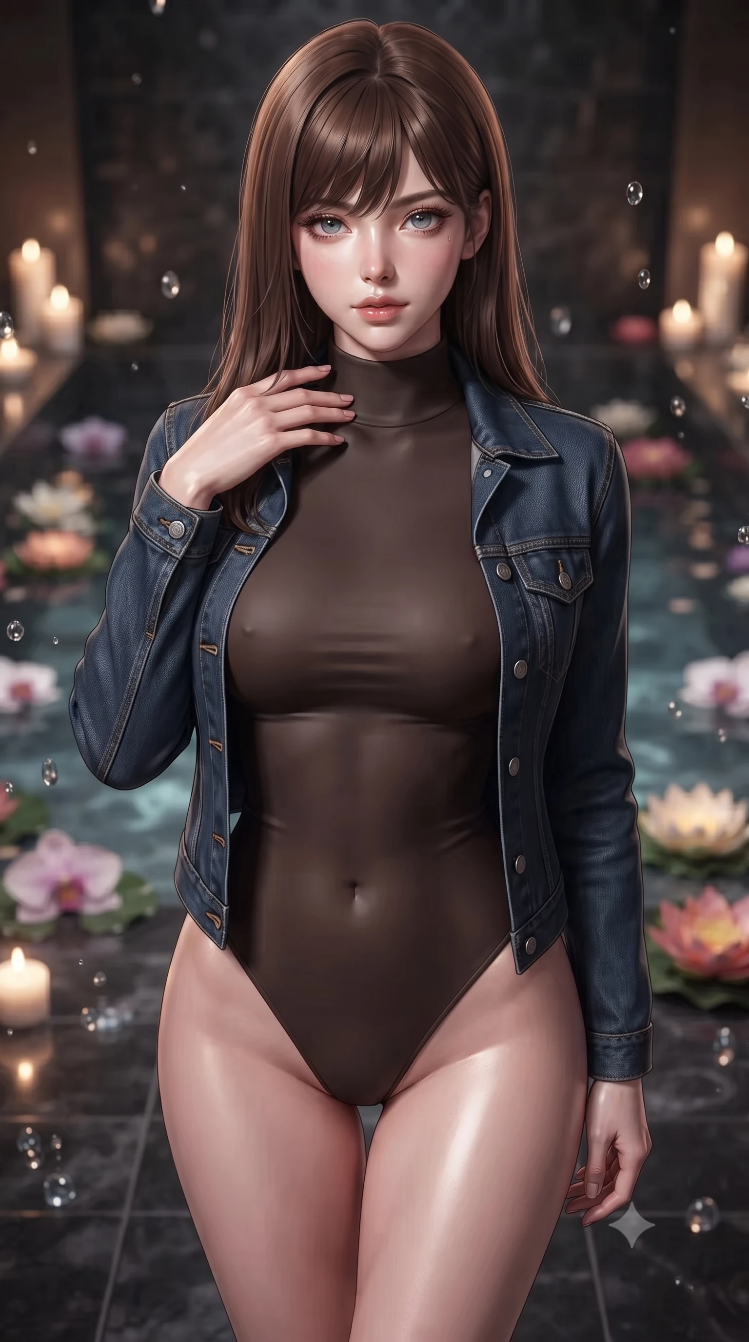 score_9, masterpiece, best quality, ultra-detailed, high-budget anime keyframe, editorial fashion photography, tasteful artistic composition, Korean woman woman. close-up cowboy shot from the waist and thighs up, the character dominates the composition, filling the frame with her large presence, background elements kept in soft focus. standing with one hand resting on her collarbone, looking at the viewer with bedroom-eyes the background shows a soft-focus a private indoor spa pool with dark tiled floors and floating flower blossoms. She has an exceptionally elegant, slender, and willowy female figure with an ultra-slim waist, a gracefully sculpted slender torso, and a refined silhouette. sharp v-shaped jawline, high-bridge nose, intricate jewel-like eyes with depth, thick eyelashes, glossy lips with a natural sheen. wearing a body-hugging form-contouring high-neck bodysuit in dark brown, worn under a tailored open denim jacket. soft flickering candle glow refracting through the moving water droplets. ultra-reflective glossy finish, specular highlights, metallic sheen, high-contrast stereoscopic depth, volumetric dynamic lighting, 2k, ultra detail, master piece, 9:16 ratio
