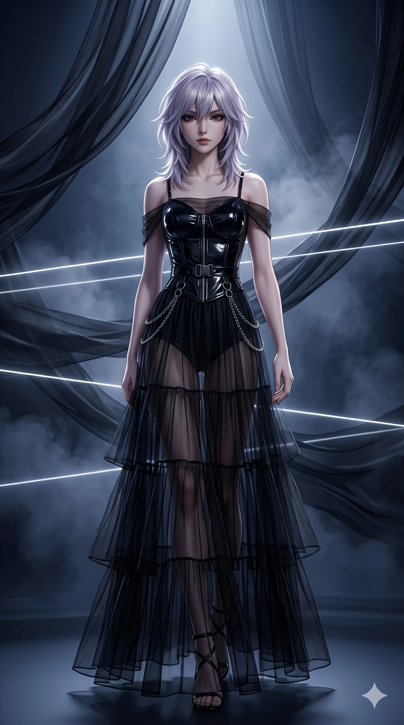 score_9, masterpiece, best quality, ultra-detailed, high-budget anime keyframe, semi-realistic 3D game render, editorial fashion photography, tasteful artistic composition, Japanese woman. low angle full-body shot from head to toe showing her feet, filling the entire 9:16 vertical frame with her statuesque presence, stretching her vertical silhouette. navigating the midnight sanctuary with an effortless, graceful stride, hips swaying in an alluring sensual rhythm while standing beneath soaring suspended waves of translucent black silk, looking into the lens with an air of effortless superiority and dark allure. The surrounding environment is rendered in vivid detail and crisp panoramic clarity: detailed tiered tulle gown tailoring, corseted waist structure, and high-fashion exhibition design in razor-sharp clarity. She has an absolutely perfect, statuesque 8.5-heads proportion, an exceptionally tall and slender model-like female figure with impossibly long slender legs, an ultra-slim waist, a flat toned midriff, narrow delicate ribcage, and beautifully sculpted feminine hips creating a graceful, slim hourglass silhouette without any bulky heaviness. sharp v-shaped jawline, high-bridge nose, intricate jewel-like dark sparkling eyes with hypnotic seductive depth, thick curled eyelashes, glossy parted lips with a natural wine sheen, alluring bedroom-eyes with an enigmatic smoldering smile, exuding magnetic sovereign charisma and dark avant-garde glamour, flawlessly proportioned anatomical accuracy, strict slender model proportions, natural body alignment, perfectly sculpted long slender limbs, ultra-slim waistline, clean dynamic posture without body distortion. wearing a tiered semi-sheer black tulle and silk slip dress with an ultra-slim corseted waist and bare shoulders in midnight navy blue and smoky pitch black, crafted from wet-look high-gloss vinyl fabric with dazzling specular surface reflections, framed by dark titanium buckles and silver chain details, the liquid-tight tailored fabric clinging flawlessly to her narrow waist and rounded feminine hips, emphasizing every millimeter of her sculpted slim hourglass curves without any bulky heaviness. bathed in razor-thin horizontal white laser sheets slicing through billowing black silk. highly saturated vibrant anime colors, detailed shading with soft gradients, rich glossy textures, high-contrast stereoscopic depth, volumetric dynamic lighting, master piece, 9:16 ratio