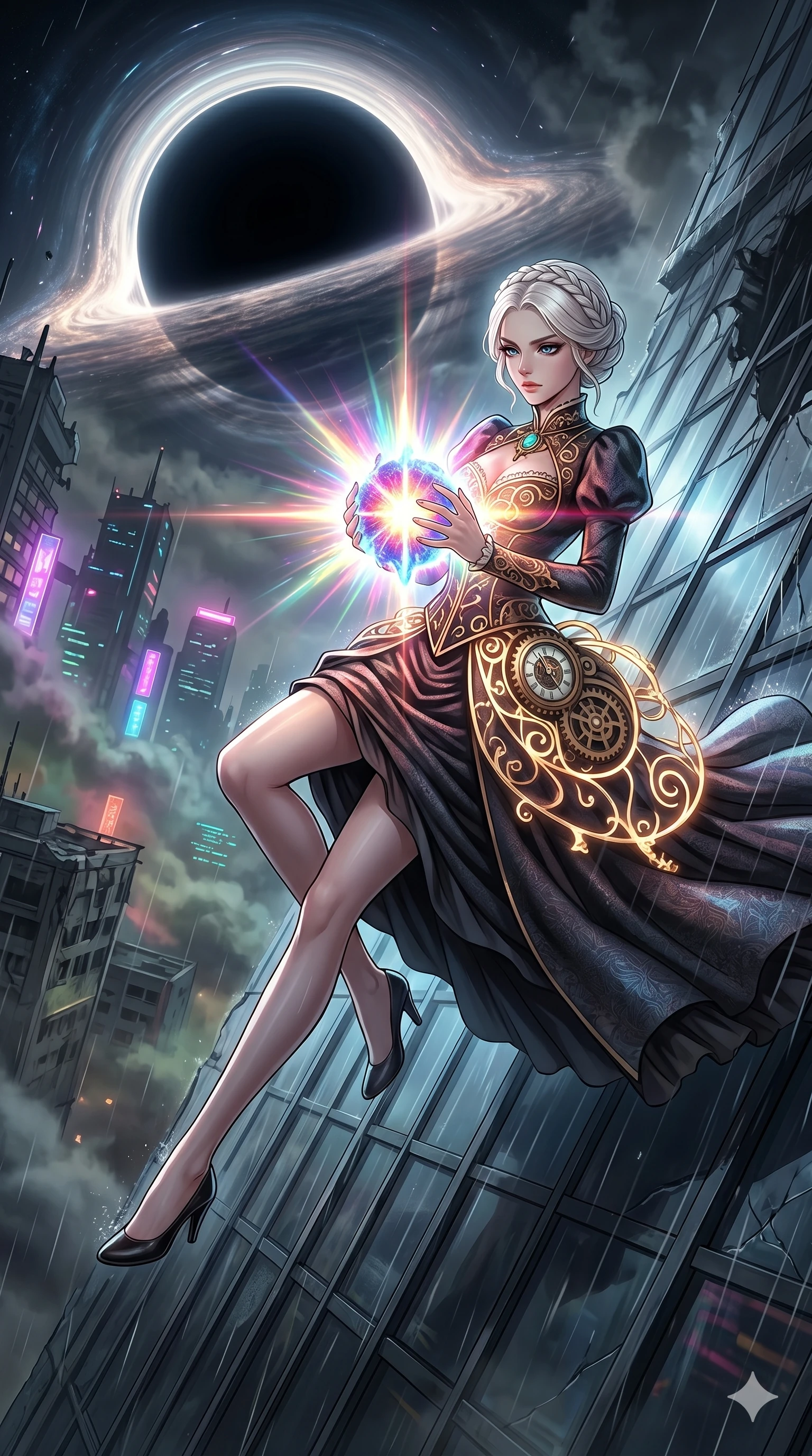 score_9, masterpiece, best quality, ultra-detailed, Set A: High-budget Anime Keyframe, Caucasian (human ears) woman. Low angle cowboy shot filling the entire 9:16 frame with her statuesque presence. Theme: Urban Decay. sliding down a glass skyscraper in the edge of a black hole, holding a glowing core that hums with the power of 72 suns. The atmosphere is filled with heavy smog with neon flares. She has an absolutely perfect 8-heads proportion, an exceptionally tall and slender female figure with impossibly long slender legs and an ultra-slim waist. Sharp v-shaped jawline, high-bridge nose, intricate jewel-like eyes with depth, glossy lips. Wearing Victorian-future gown with a glowing bustle and integrated clockwork mechanisms. Cinematic lighting, vivid colors, dramatic shadows, 2k, ultra detail, master piece, 9:16 ratio